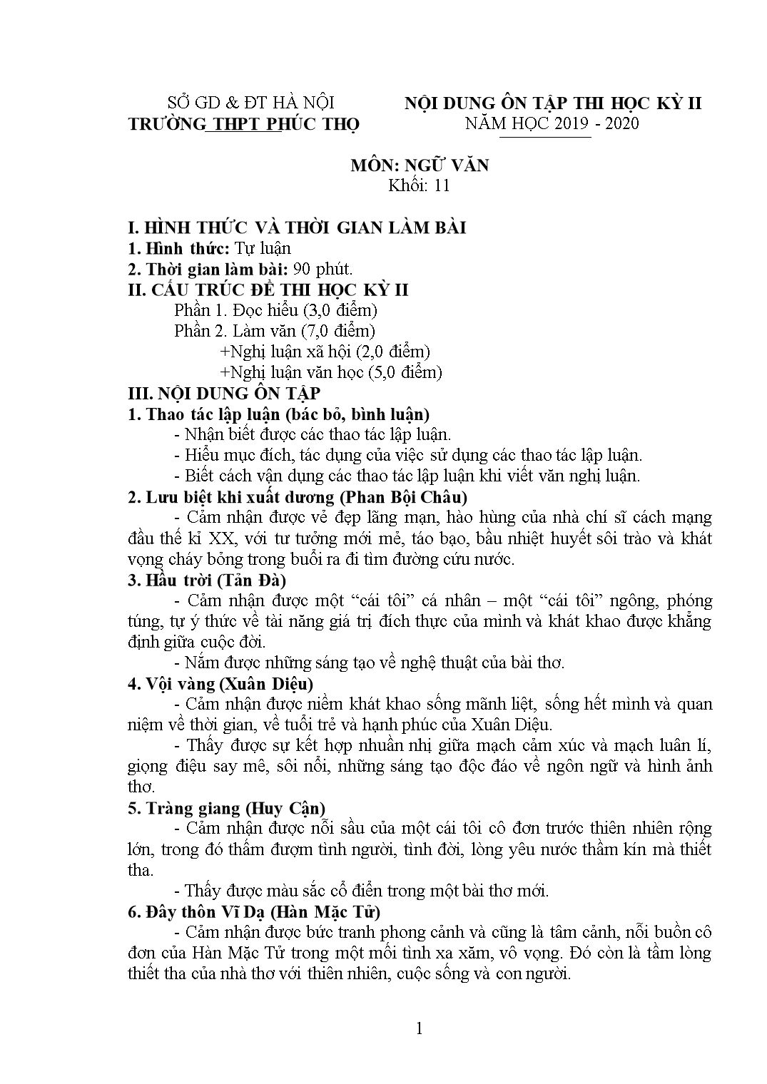 Nội dung ôn tập thi học kỳ II môn Ngữ văn Lớp 11 - Năm học 2019-2020 - Trường THPT Phúc Thọ trang 1