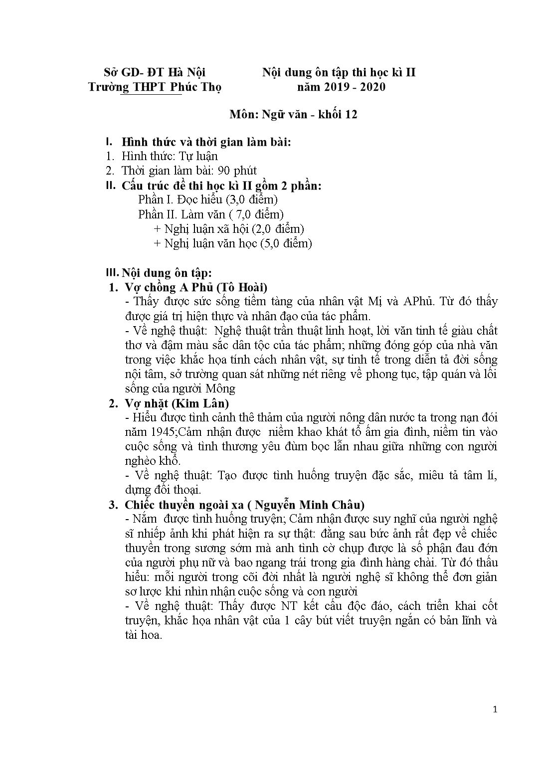 Nội dung ôn tập thi học kì II môn Ngữ văn Lớp 12 - Năm học 2019-2020 - Trường THPT Phúc Thọ trang 1