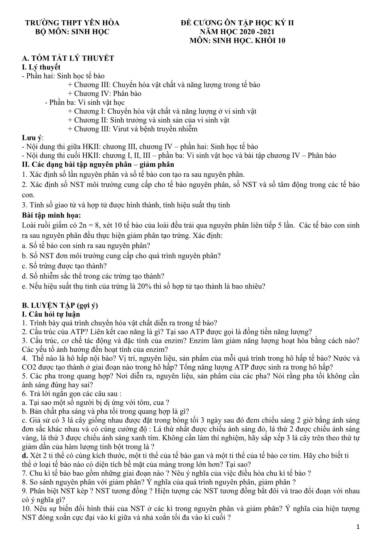 Đề cương ôn tập học kì II môn Sinh học Lớp 10 - Năm học 2020-2021 - Trường THPT Yên Hòa trang 1