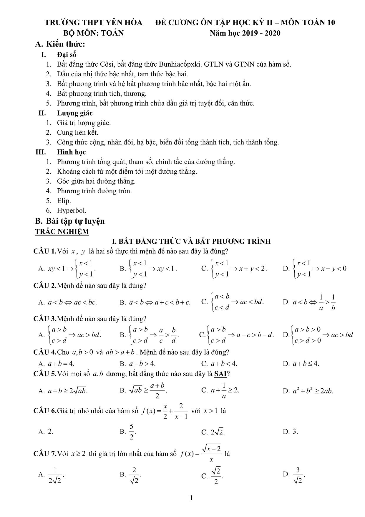 Đề cương ôn tập học kỳ II môn Toán Lớp 10 - Năm học 2019-2020 - Trường THPT Yên Hòa trang 1