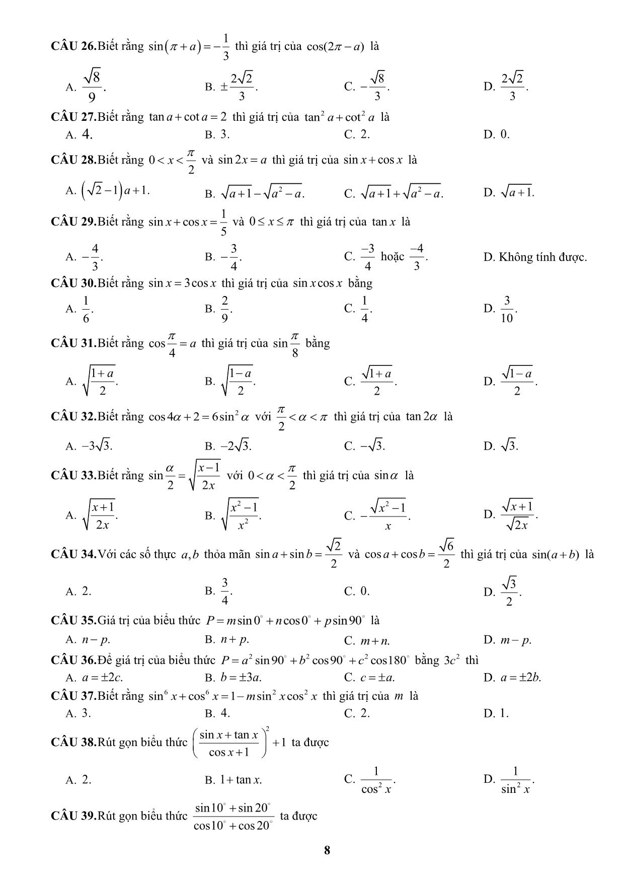 Đề cương ôn tập học kỳ II môn Toán Lớp 10 - Năm học 2019-2020 - Trường THPT Yên Hòa trang 8