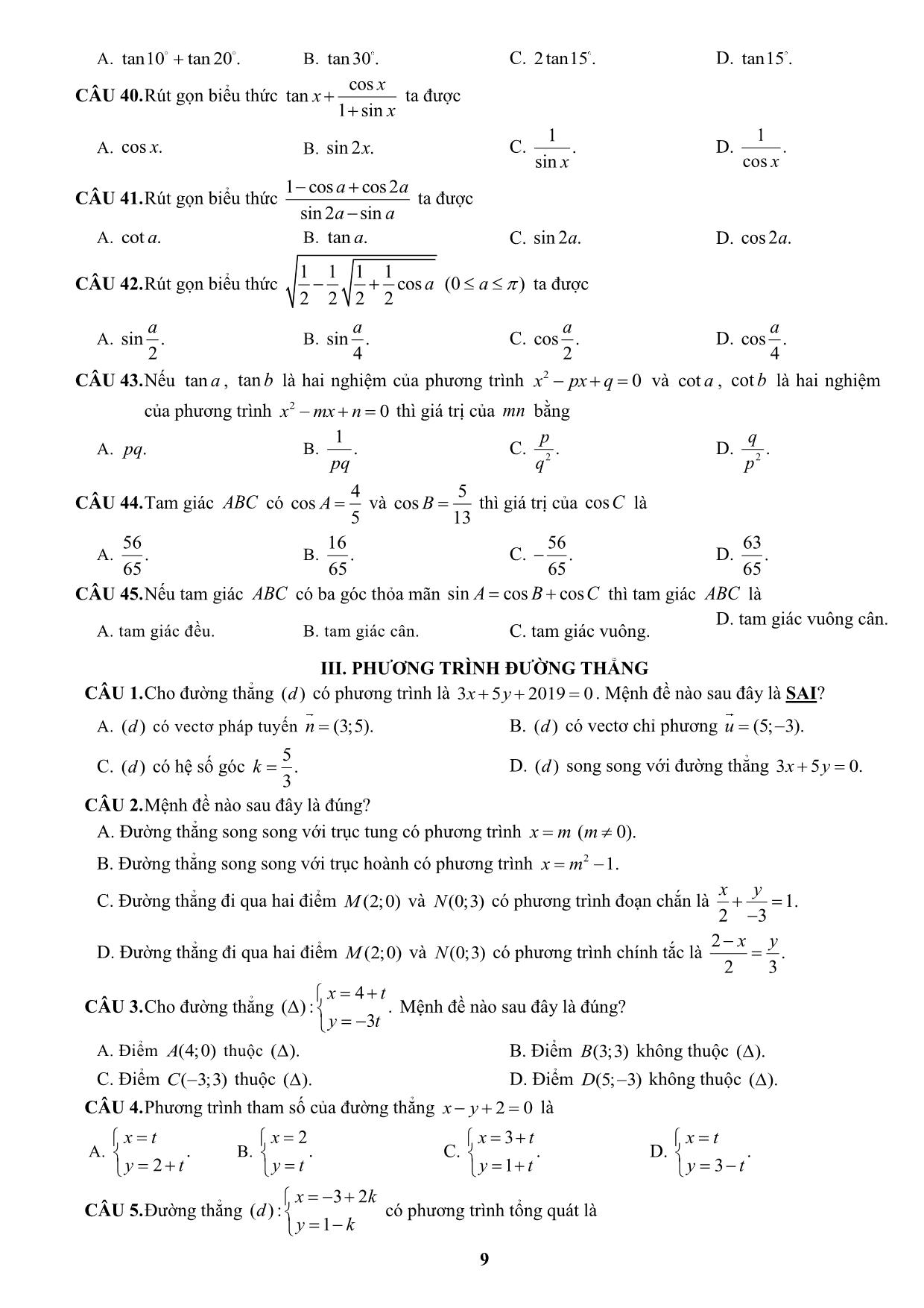 Đề cương ôn tập học kỳ II môn Toán Lớp 10 - Năm học 2019-2020 - Trường THPT Yên Hòa trang 9