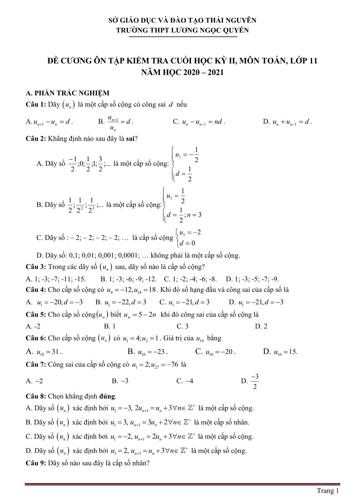 Đề cương ôn tập kiểm tra cuối học kỳ II môn Toán Lớp 11 - Năm học 2020-2021 - Trường THPT Lương Ngọc Quyến trang 1
