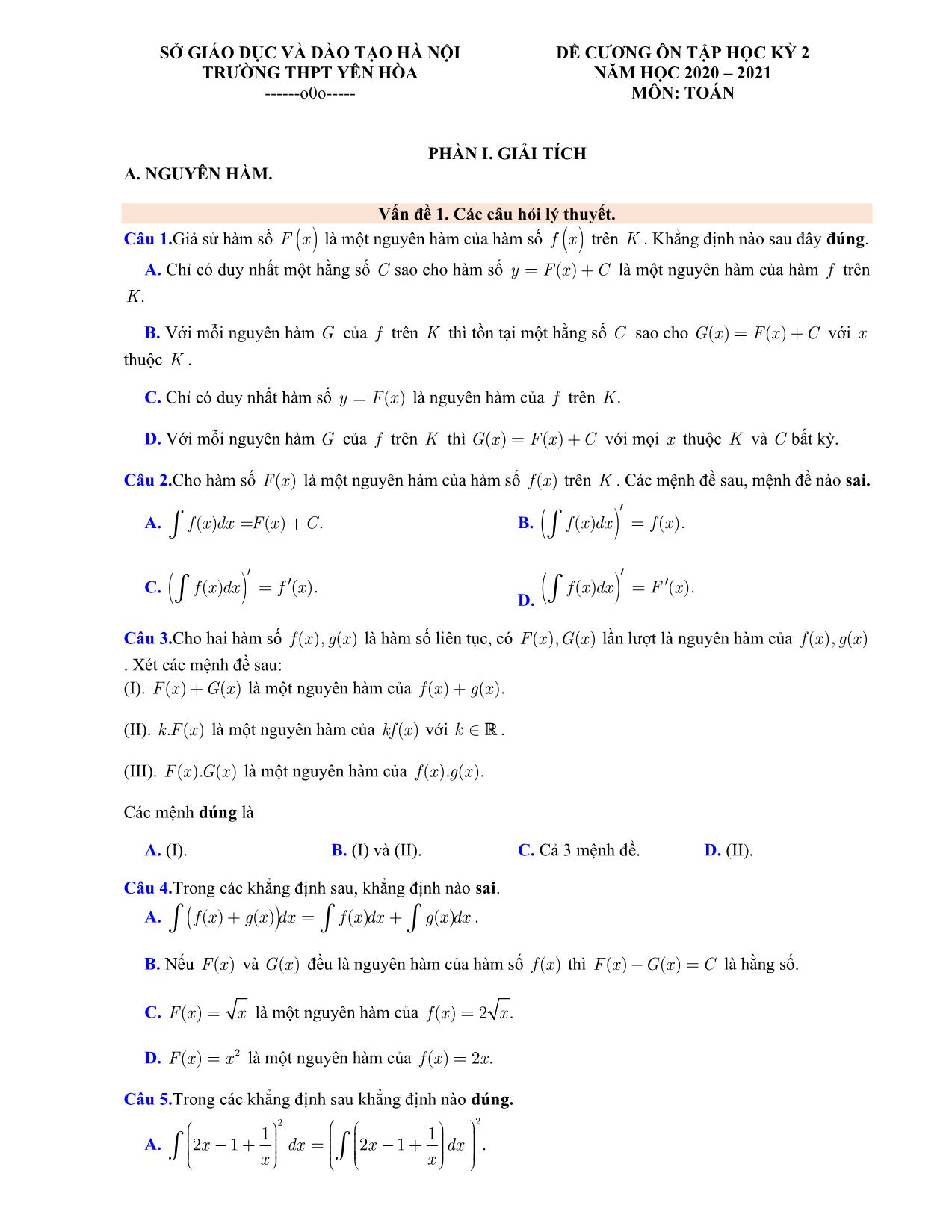 Đề cương ôn tập học kỳ II môn Toán Lớp 12 - Năm học 2020-2021 - Trường THPT Yên Hòa trang 1