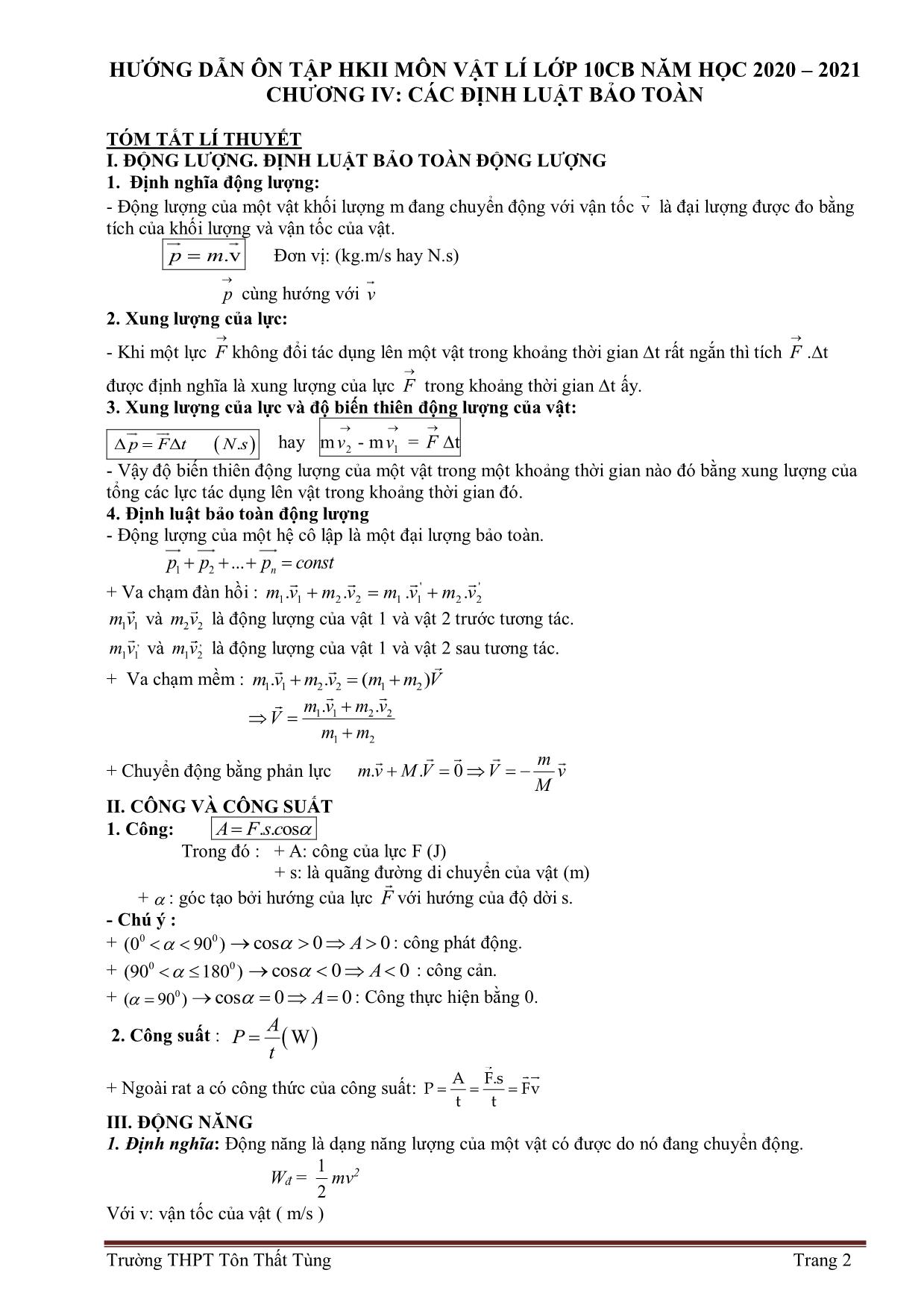 Hướng dẫn ôn tập học kỳ II môn Vật lý Lớp 10 (Cơ bản) - Năm học 2020-2021 - Trường THPT Tôn Thất Tùng trang 2