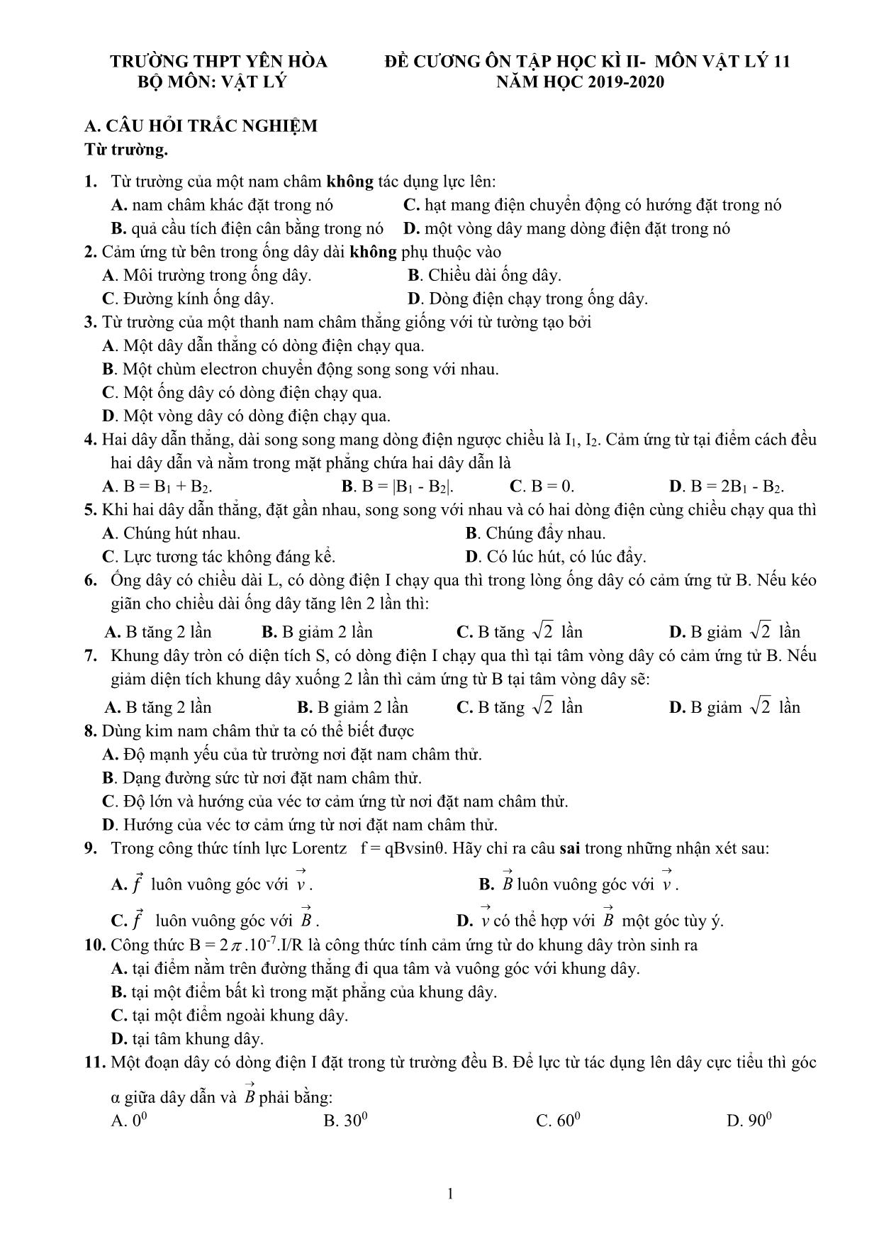 Đề cương ôn tập học kỳ II môn Vật lý Lớp 11 - Năm học 2019-2020 - Trường THPT Yên Hòa trang 1