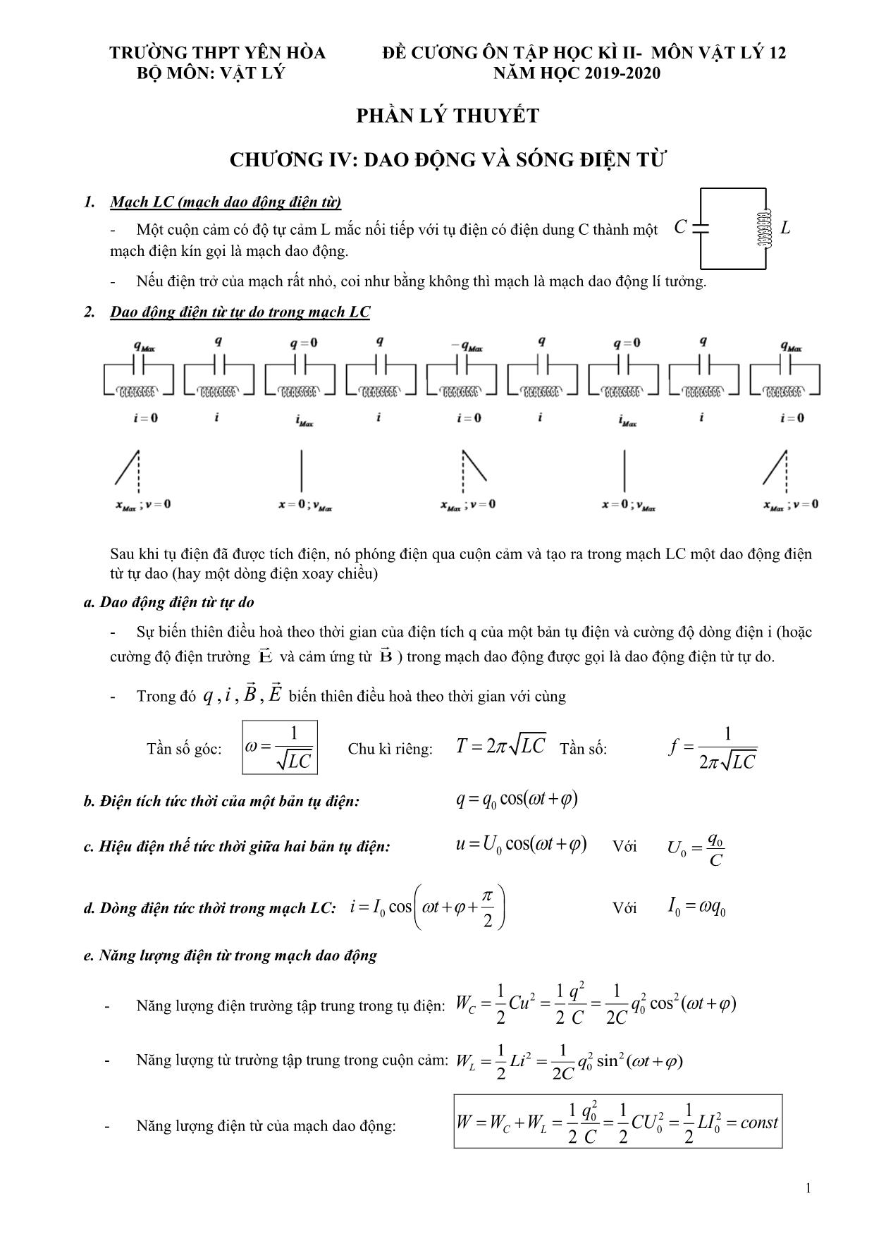 Đề cương ôn tập học kỳ II môn Vật lý Lớp 12 - Năm học 2019-2020 - Trường THPT Yên Hòa trang 1