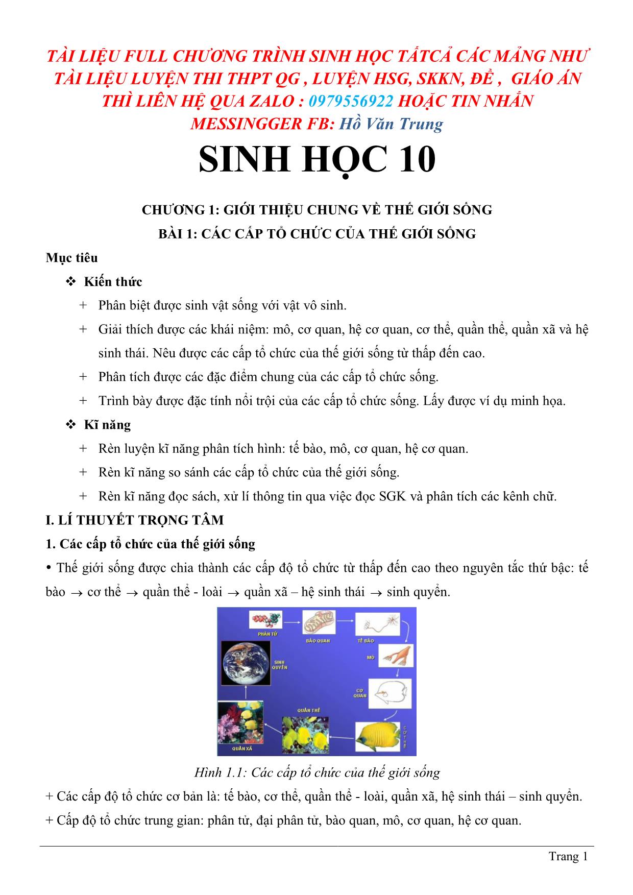 Tài liệu Luyện thi học sinh giỏi môn Sinh học Lớp 10 trang 1