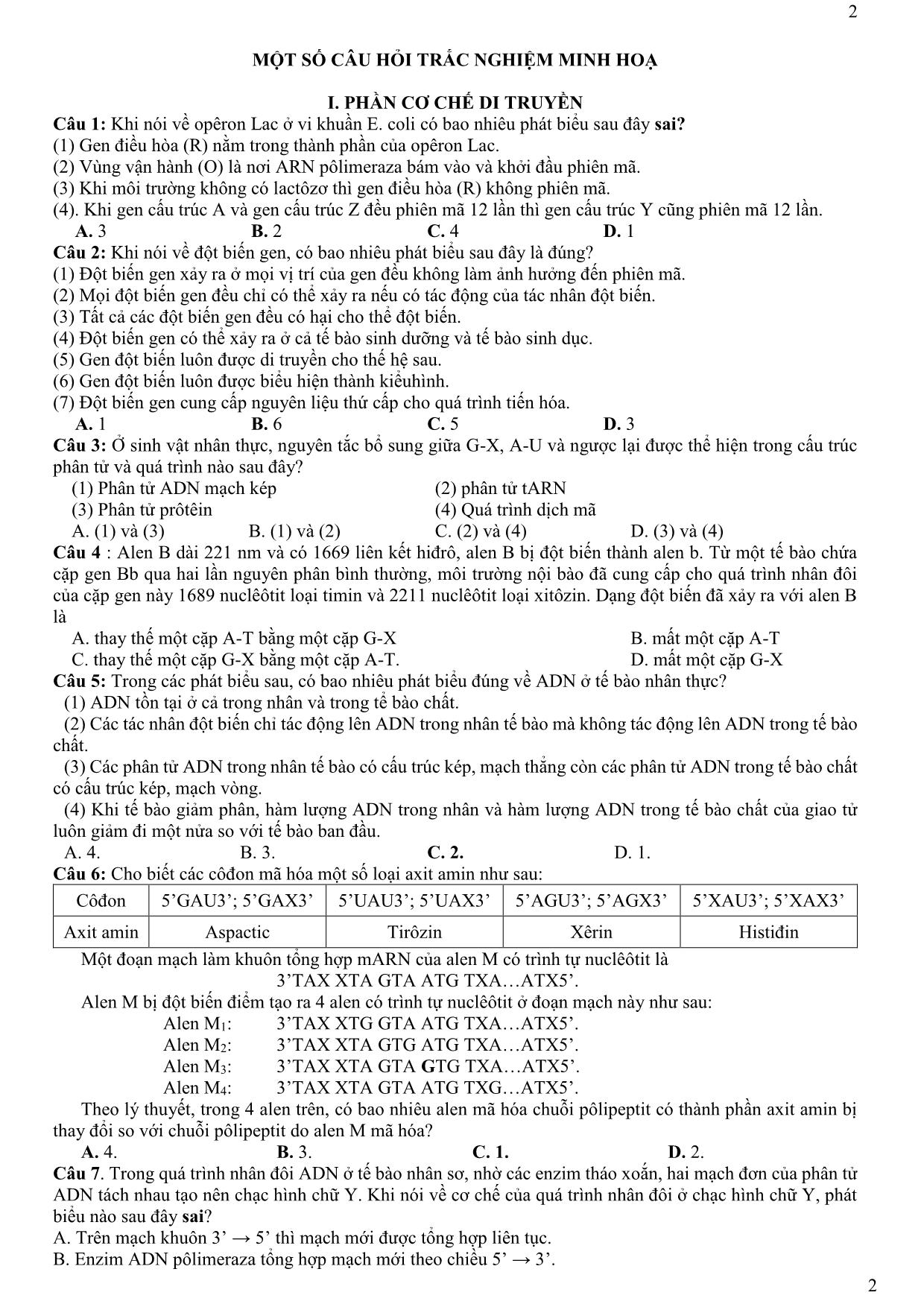 Đề cương ôn tập học kỳ II môn Sinh học Lớp 12 - Năm học 2019-2020 - Trường THPT Yên Hoà trang 2