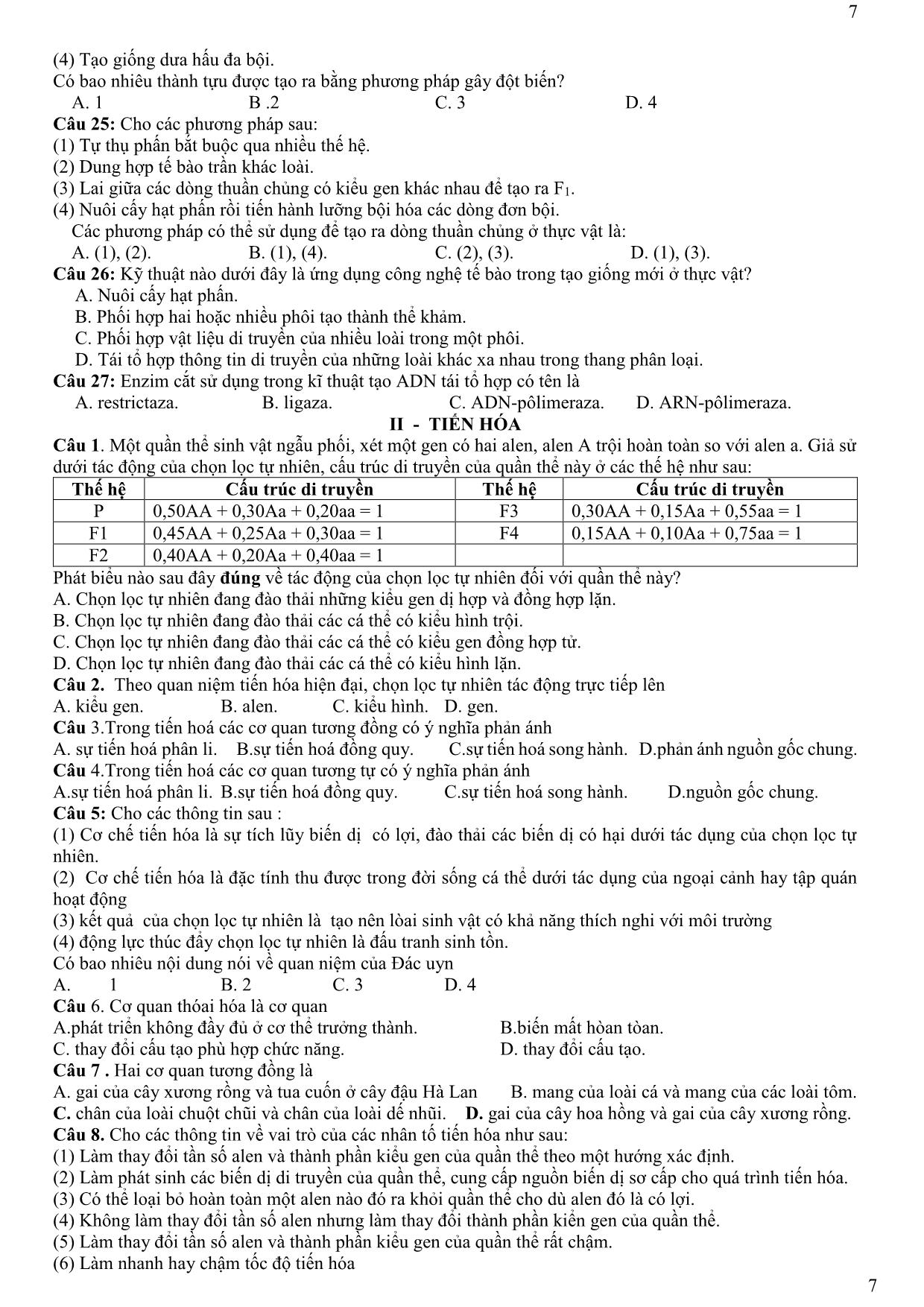 Đề cương ôn tập học kỳ II môn Sinh học Lớp 12 - Năm học 2019-2020 - Trường THPT Yên Hoà trang 7