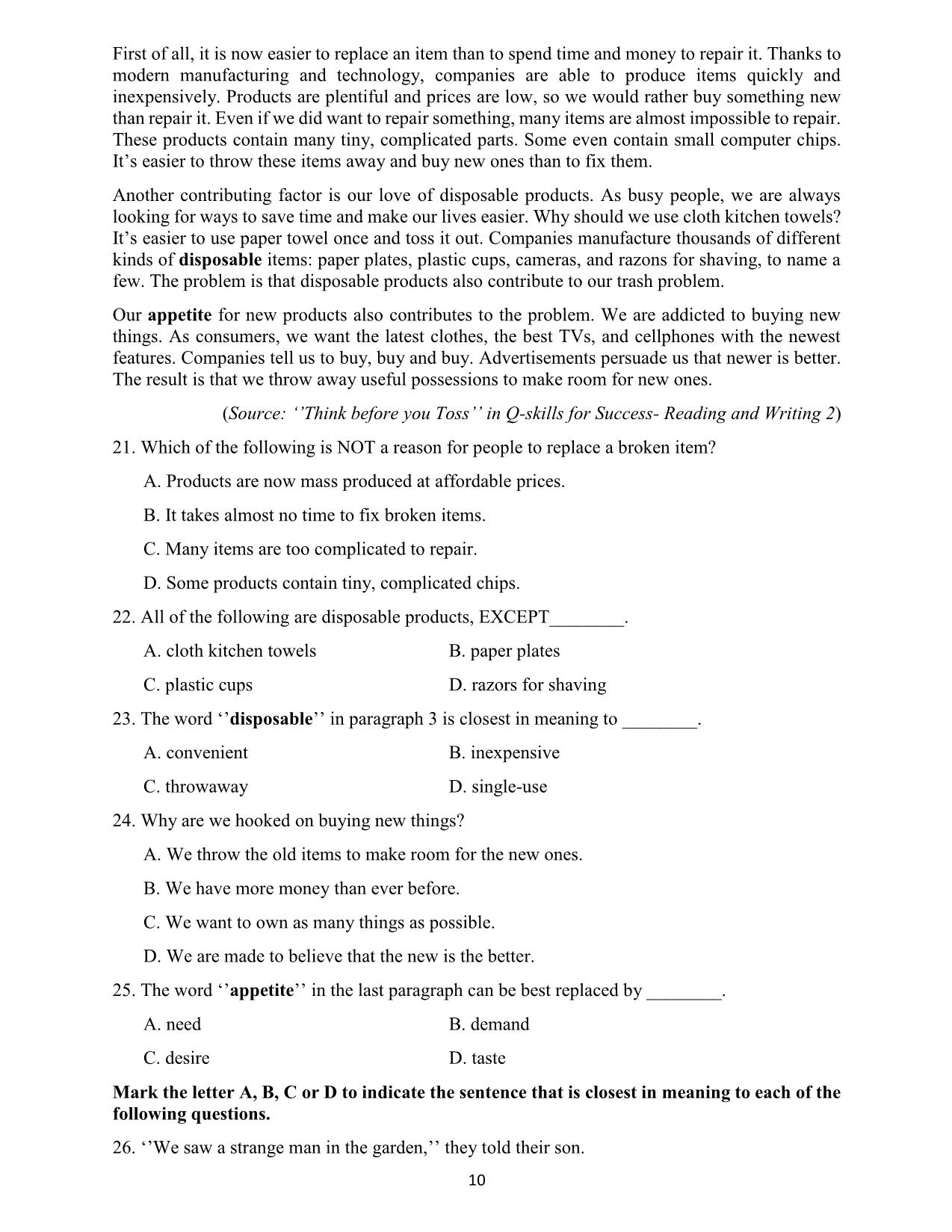 Đề cương ôn tập học kỳ II môn Tiếng Anh Lớp 10 - Năm học 2019-2020 - Trường THPT Yên Hoà trang 10