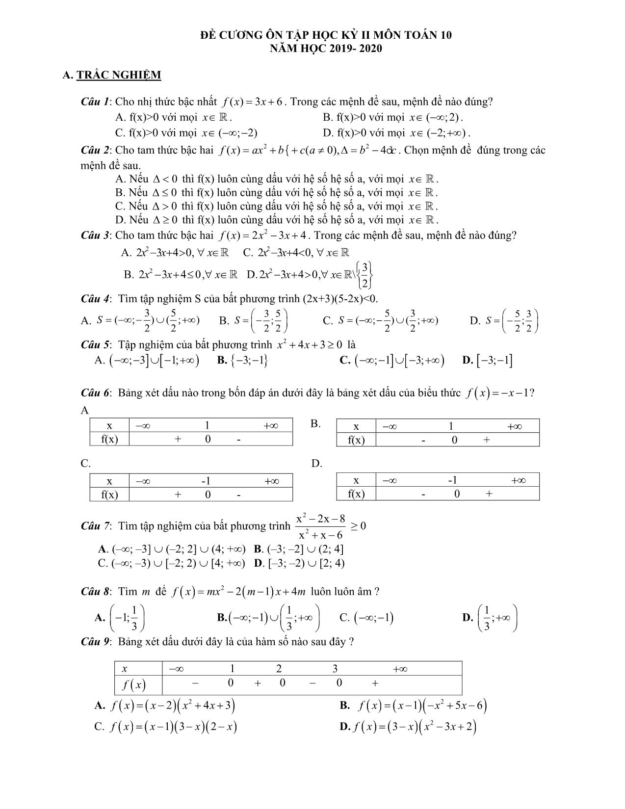 Đề cương ôn tập học kỳ II môn Toán 10 - Năm học 2019-2020 trang 1