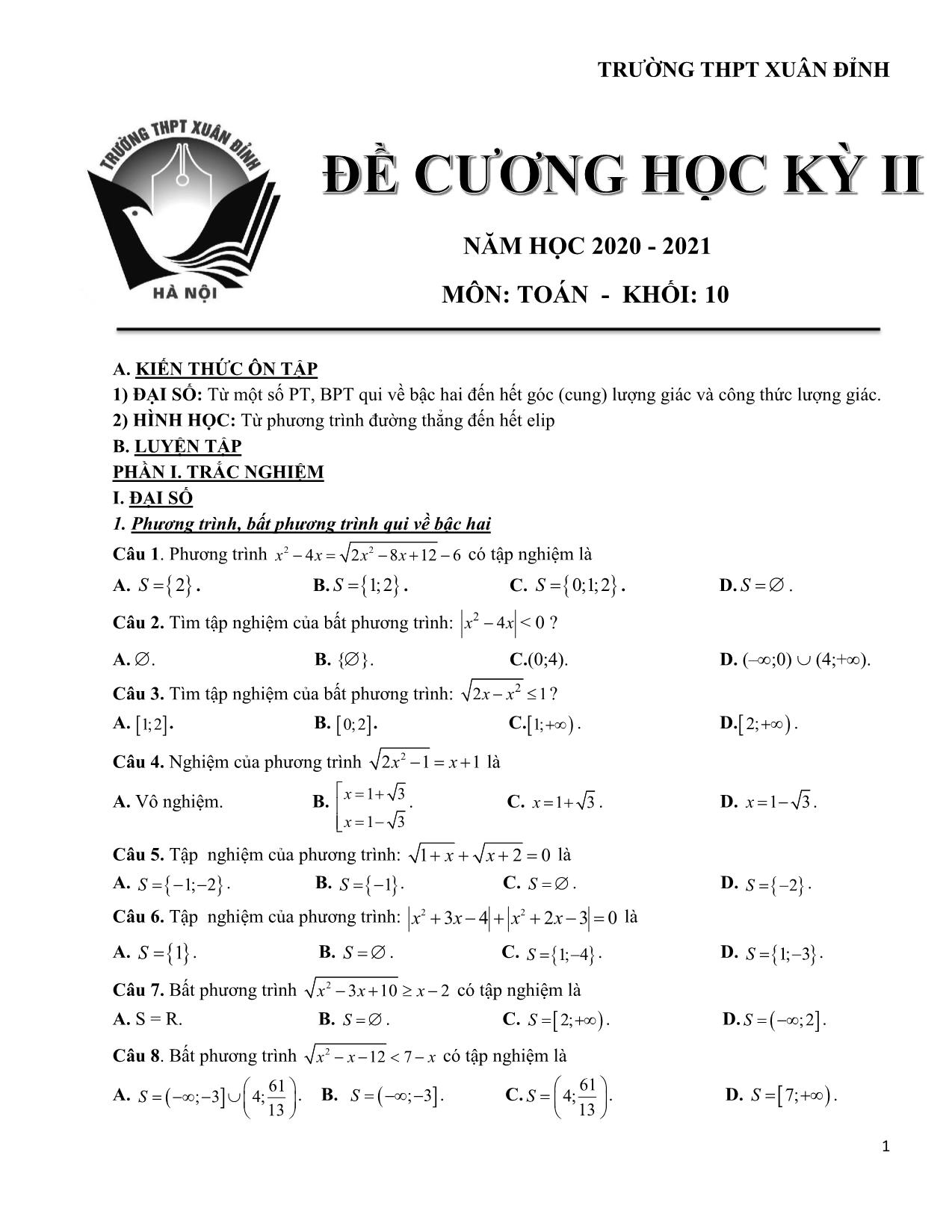 Đề cương ôn tập học kỳ II môn Toán 10 - Năm học 2020-2021 - Trường THPT Xuân Đỉnh trang 1