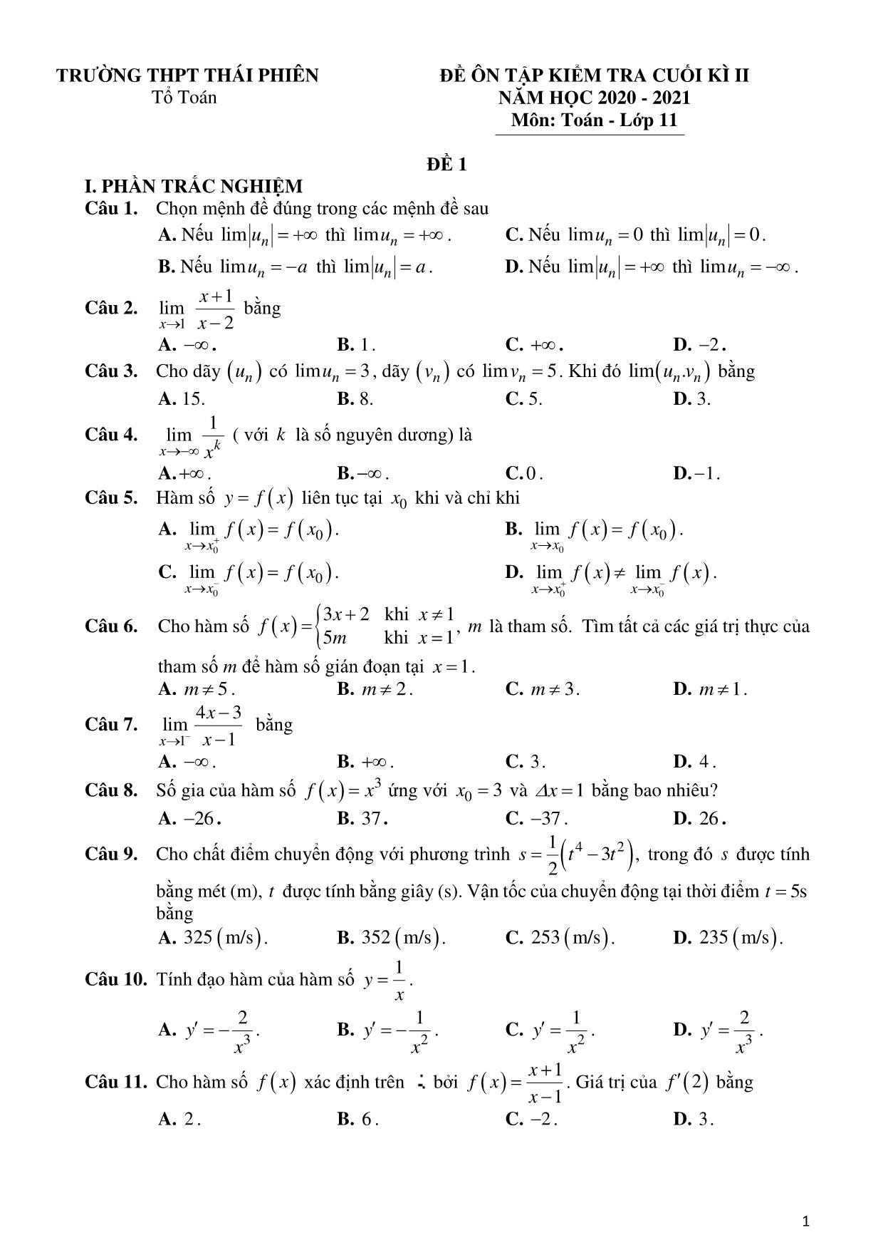 5 Đề ôn tập kiểm tra học kỳ II môn Toán 11 - Năm học 2020-2021 - Trường THPT Thái Phiên trang 1
