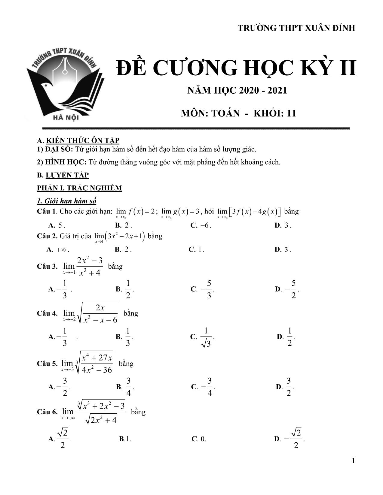 Đề ôn tập học kỳ II môn Toán 11 - Năm học 2020-2021 - Trường THPT Xuân Đỉnh trang 1