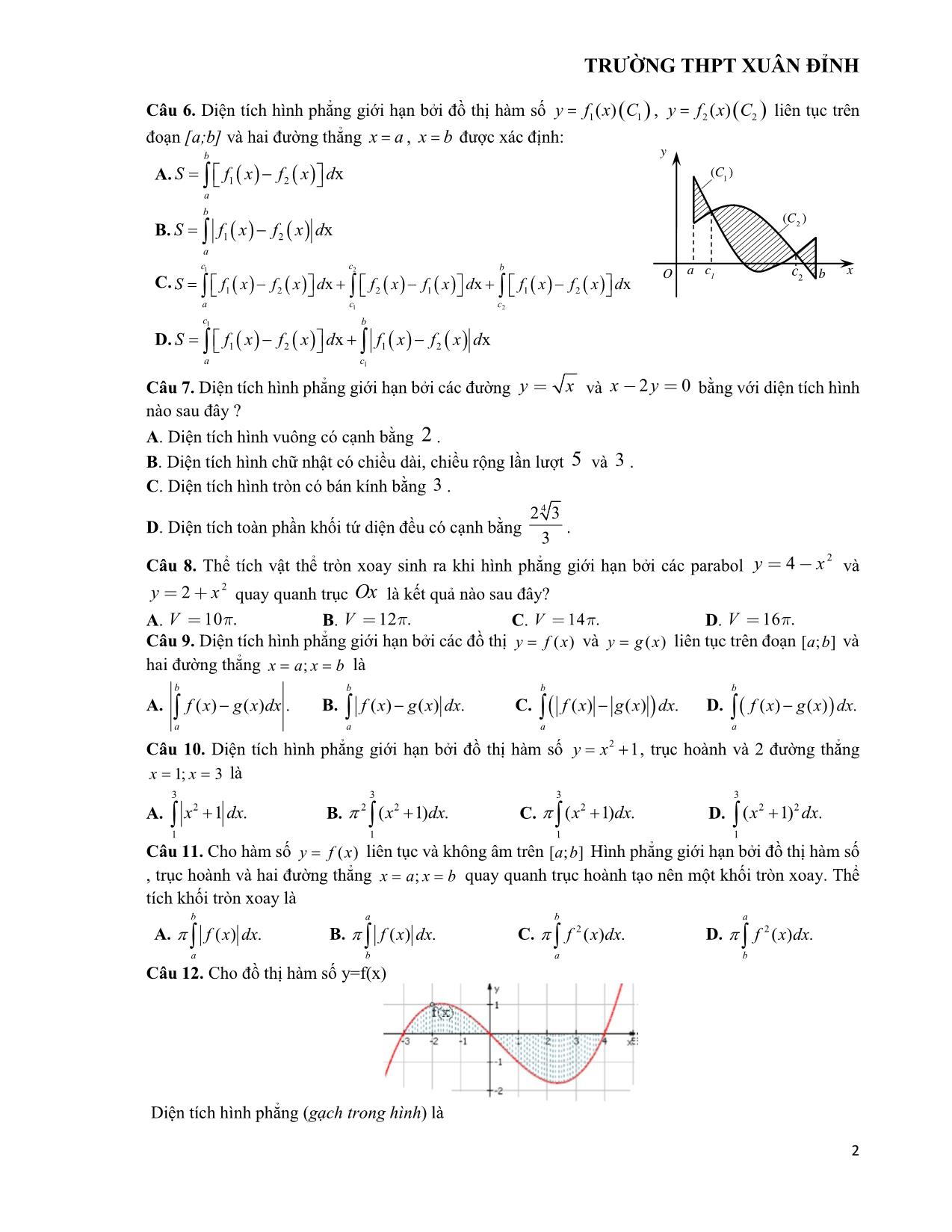 Đề cương ôn tập học kỳ II môn Toán Lớp 12 - Năm học 2020-2021 - Trường THPT Xuân Đỉnh trang 2