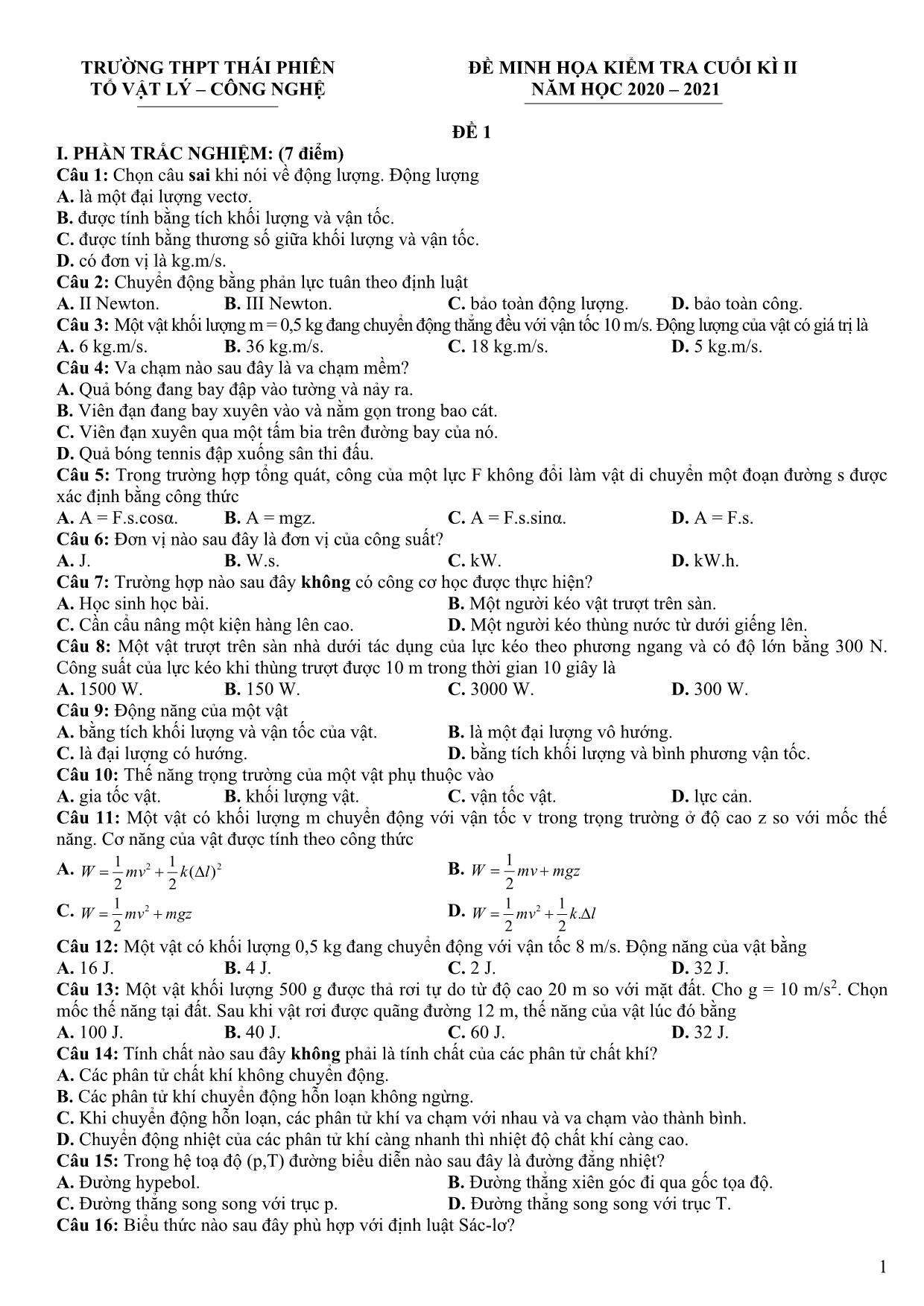 5 Đề minh họa kiểm tra cuối kỳ II môn Vật lý Lớp 10 - Năm học 2020-2021 - Trường THPT Thái Phiên trang 1