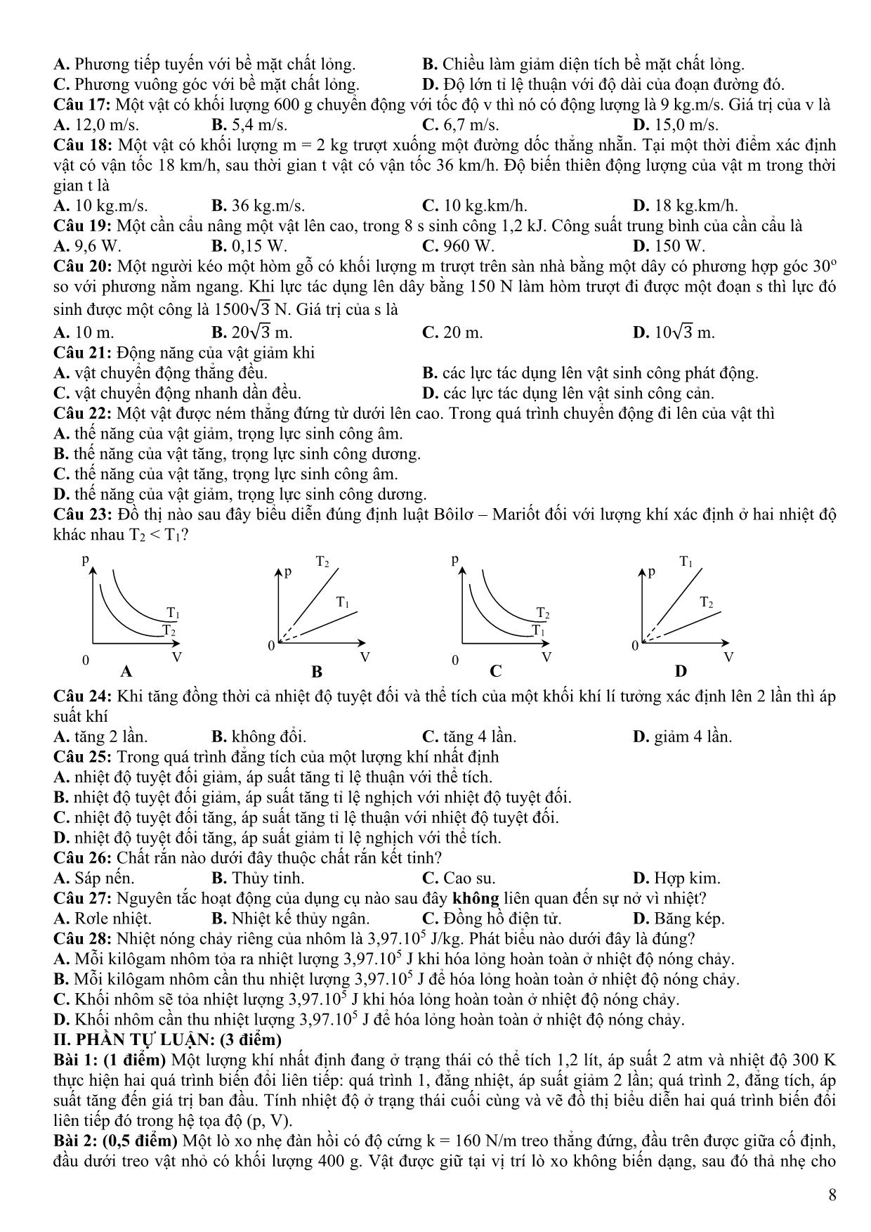 5 Đề minh họa kiểm tra cuối kỳ II môn Vật lý Lớp 10 - Năm học 2020-2021 - Trường THPT Thái Phiên trang 8