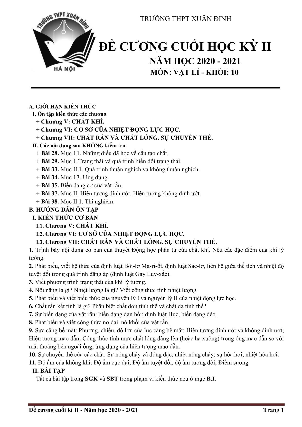 Đề cương cuối kỳ II môn Vật lý Lớp 10 - Năm học 2020-2021 - Trường THPT Xuân Đỉnh trang 1
