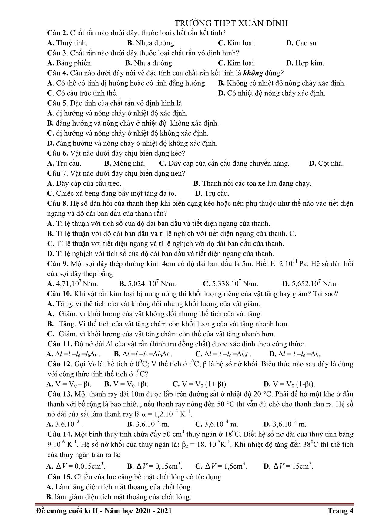 Đề cương cuối kỳ II môn Vật lý Lớp 10 - Năm học 2020-2021 - Trường THPT Xuân Đỉnh trang 4