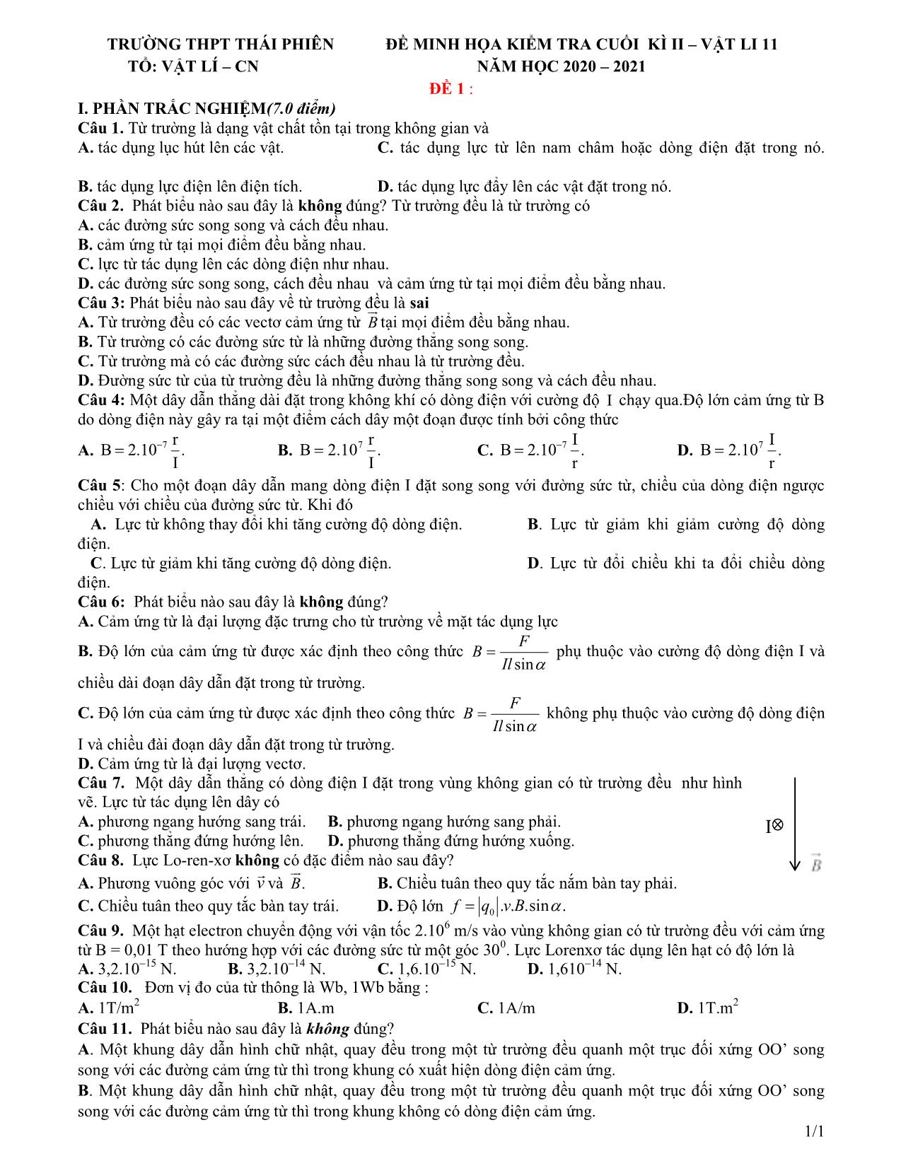 5 Đề minh họa kiểm tra cuối học kỳ II môn Vật lý Lớp 11 - Năm học 2020-2021 - Trường THPT Thái Phiên trang 1