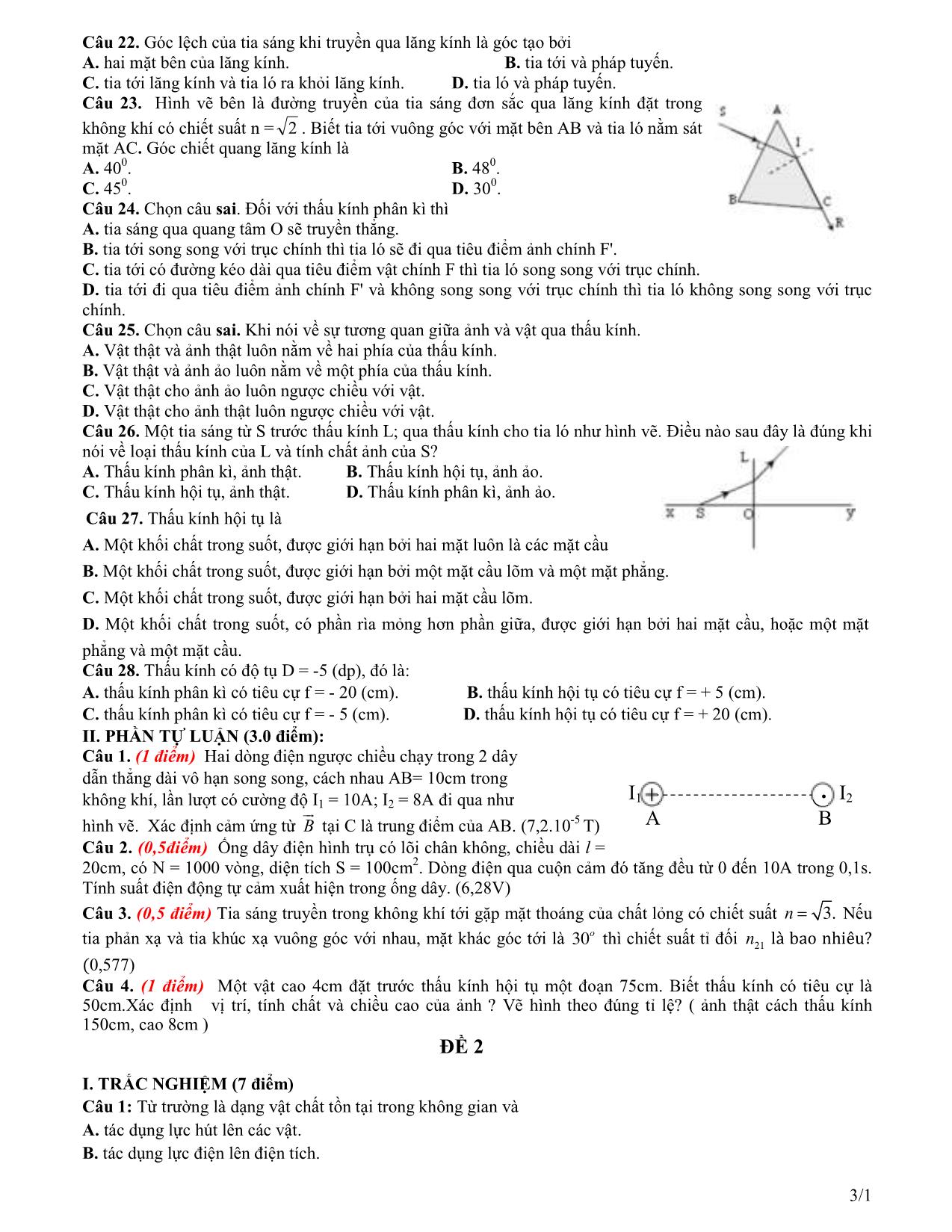5 Đề minh họa kiểm tra cuối học kỳ II môn Vật lý Lớp 11 - Năm học 2020-2021 - Trường THPT Thái Phiên trang 3