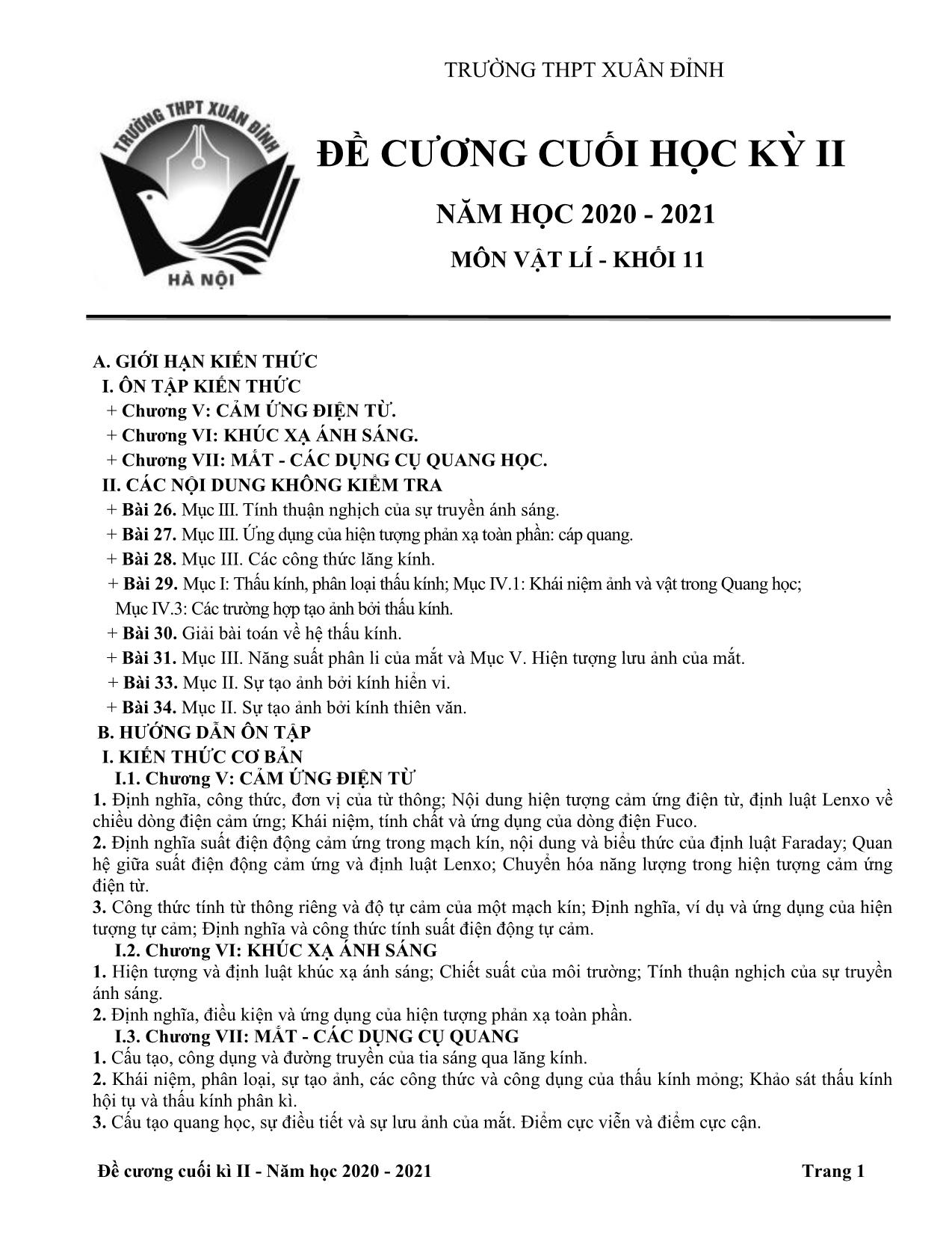 Đề cương cuối học kỳ II môn Vật lý Lớp 11 - Năm học 2020-2021 - Trường THPT Xuân Đỉnh trang 1