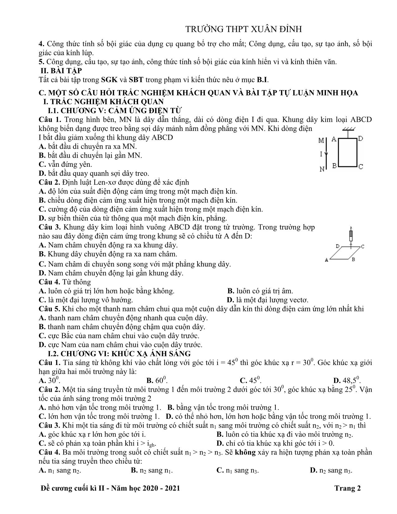 Đề cương cuối học kỳ II môn Vật lý Lớp 11 - Năm học 2020-2021 - Trường THPT Xuân Đỉnh trang 2