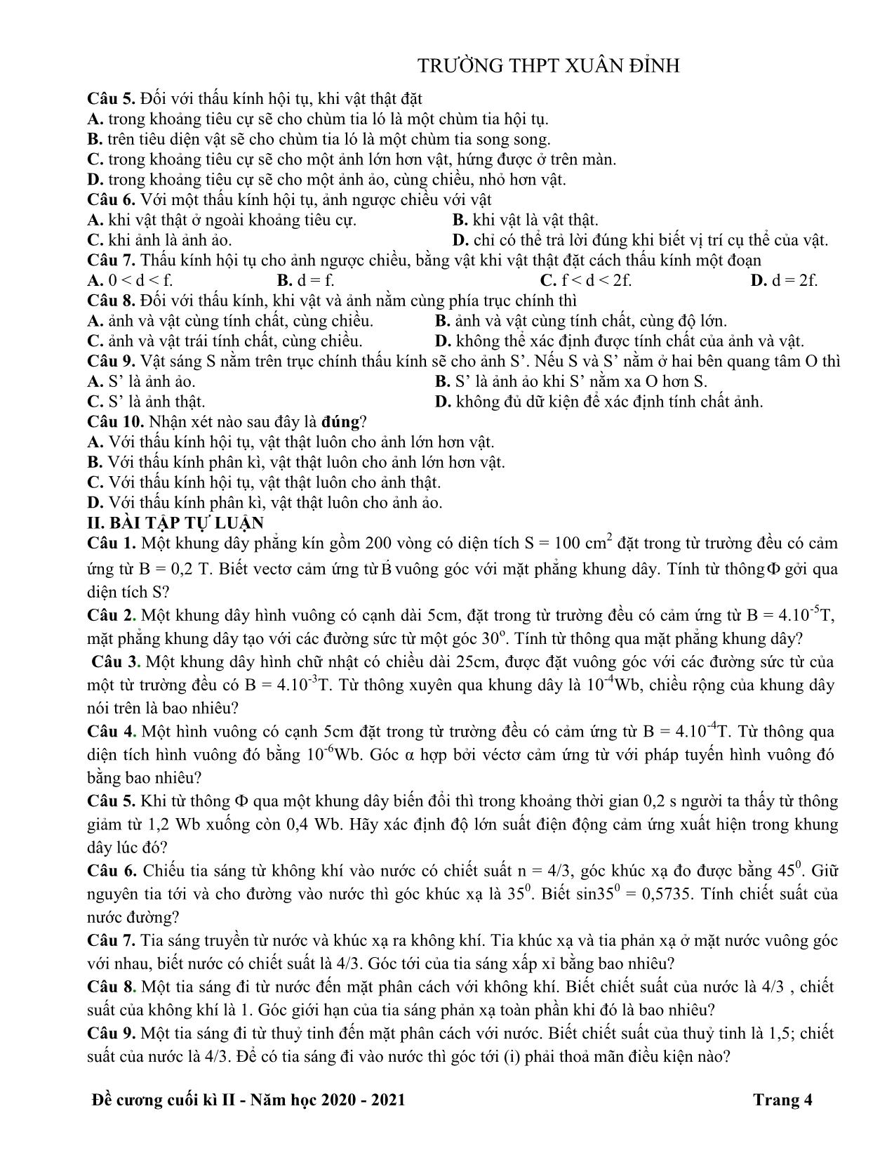 Đề cương cuối học kỳ II môn Vật lý Lớp 11 - Năm học 2020-2021 - Trường THPT Xuân Đỉnh trang 4
