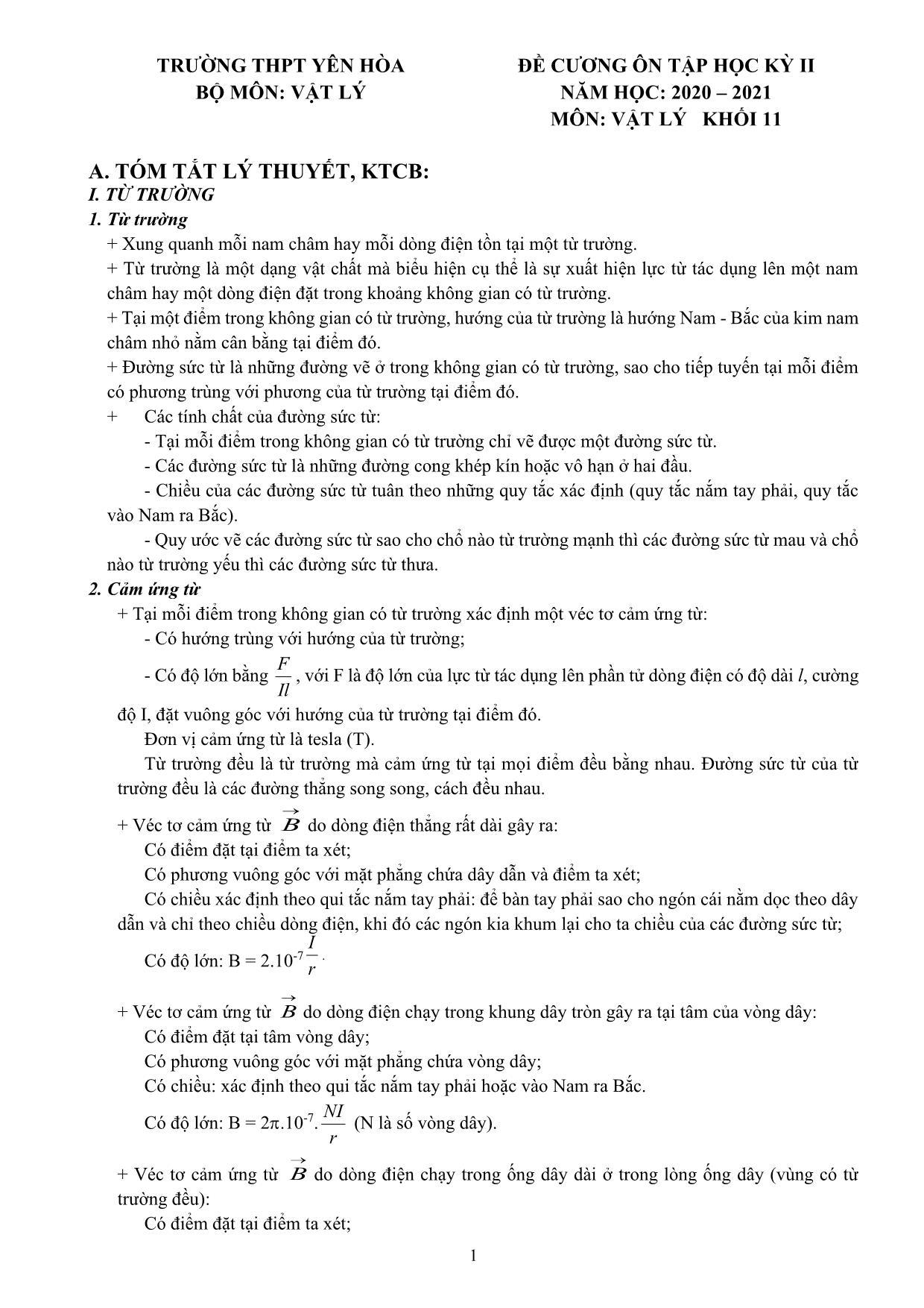 Đề cương ôn tập học kỳ II môn Vật lý Lớp 11 - Năm học 2020-2021 - Trường THPT Yên Hòa trang 1