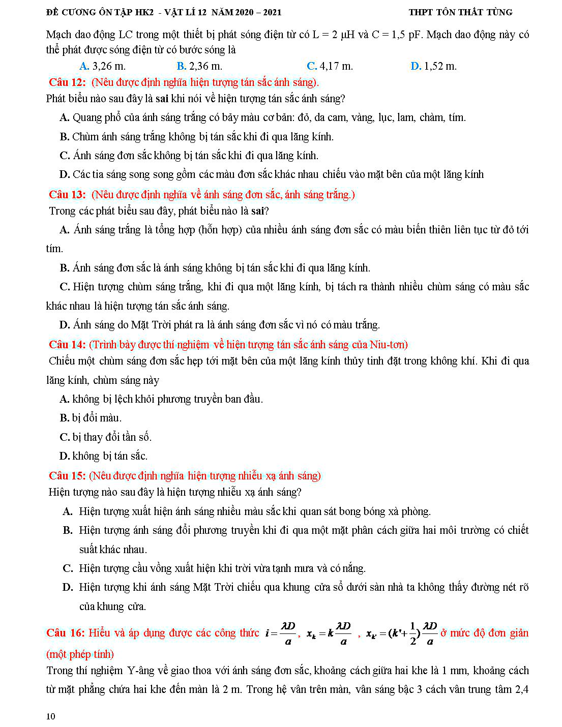 Hướng dẫn ôn tập học kỳ II môn Vật lý Lớp 12 - Năm học 2020-2021 - Trường THPT Tôn Thất Tùng trang 10