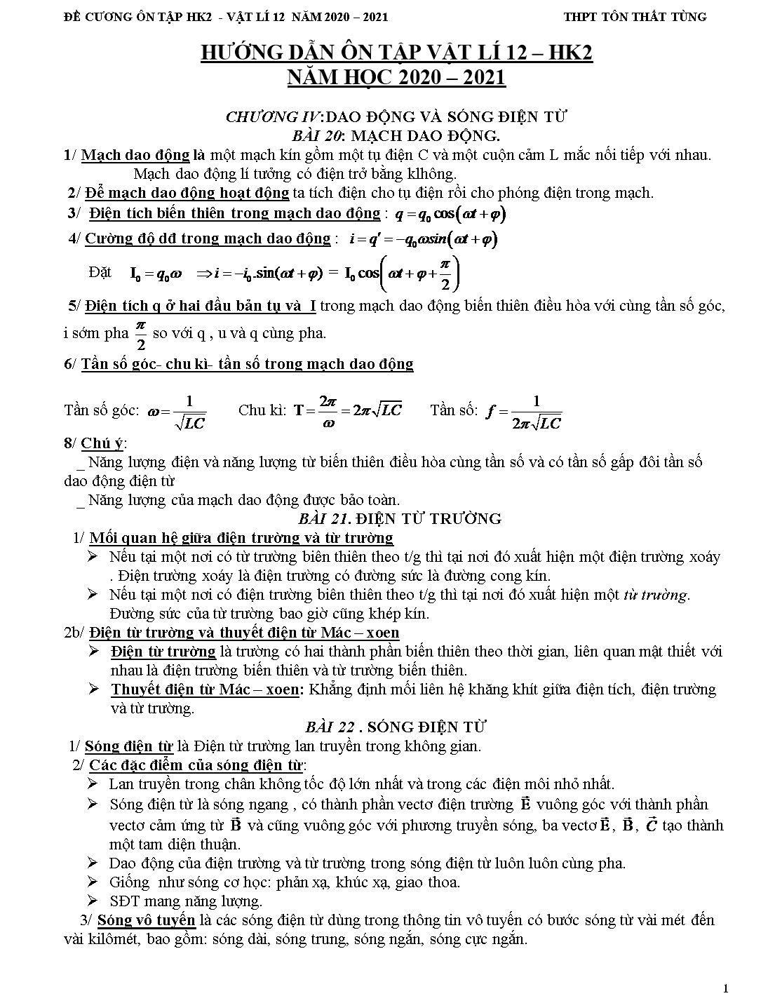 Hướng dẫn ôn tập học kỳ II môn Vật lý Lớp 12 - Năm học 2020-2021 - Trường THPT Tôn Thất Tùng trang 1