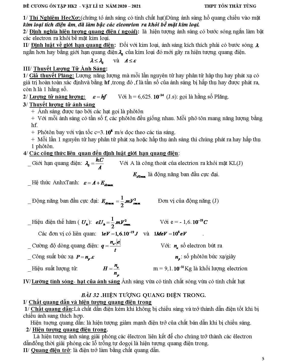 Hướng dẫn ôn tập học kỳ II môn Vật lý Lớp 12 - Năm học 2020-2021 - Trường THPT Tôn Thất Tùng trang 5