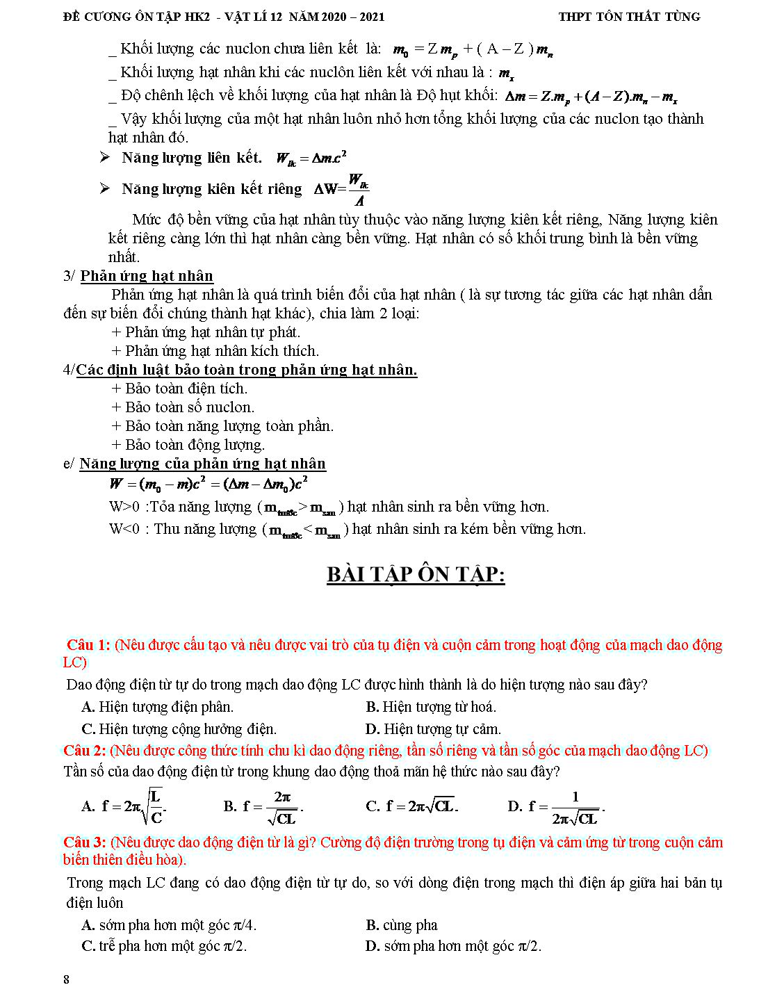 Hướng dẫn ôn tập học kỳ II môn Vật lý Lớp 12 - Năm học 2020-2021 - Trường THPT Tôn Thất Tùng trang 8