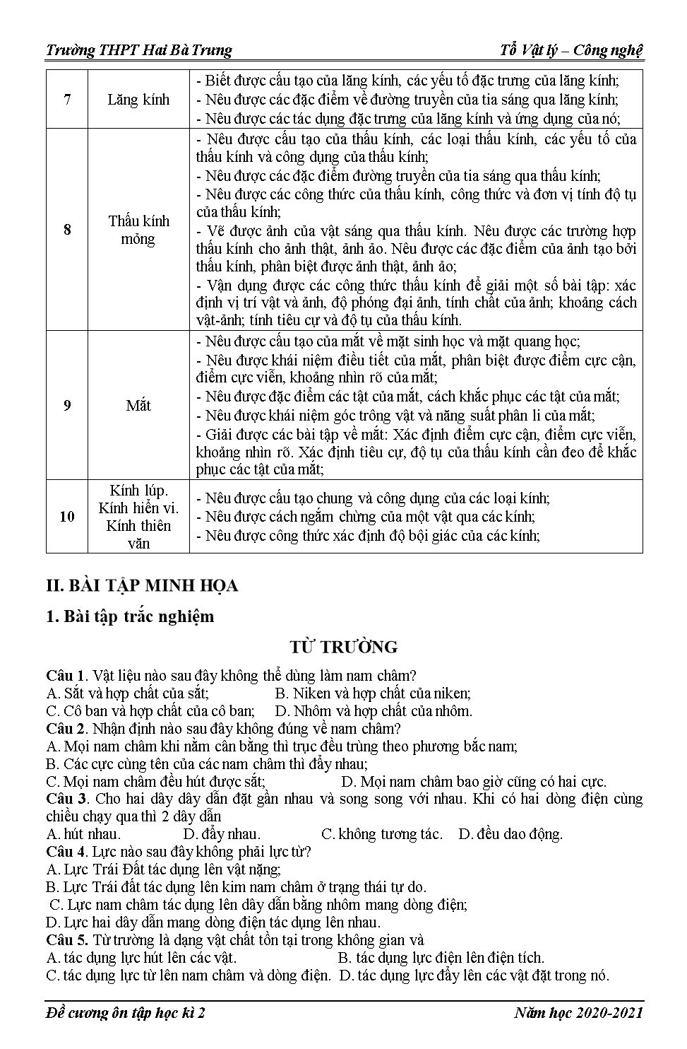 Đề cương ôn tập học kỳ II môn Vật lý Lớp 11 - Năm học 2020-2021 - Trường THPT Hai Bà Trưng trang 2