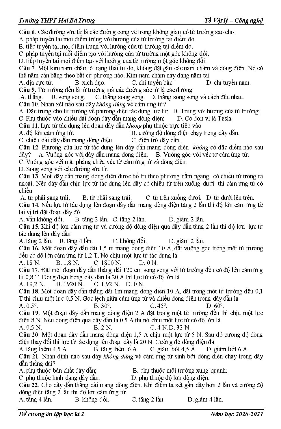 Đề cương ôn tập học kỳ II môn Vật lý Lớp 11 - Năm học 2020-2021 - Trường THPT Hai Bà Trưng trang 3