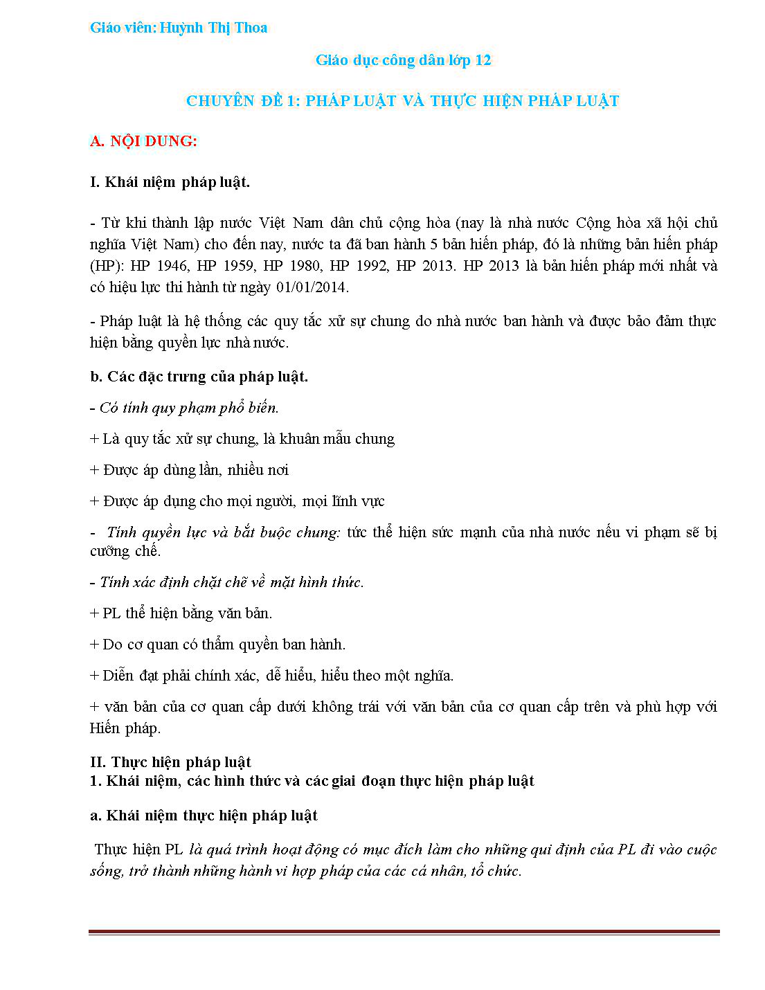 Đề cương ôn tập môn Giáo dục công dân Lớp 12 - Chuyên đề 1: Pháp luật và thực hiện pháp luật - Huỳnh Thị Thoa trang 1