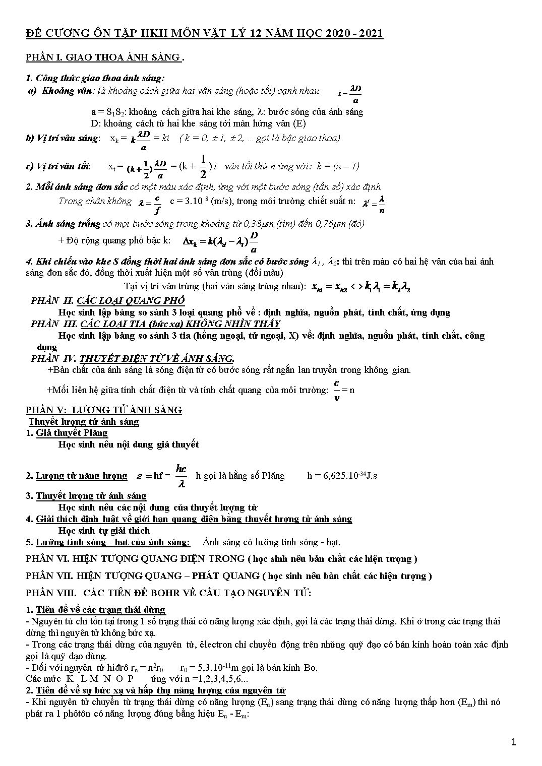 Đề cương ôn tập học kỳ II môn Vật lý Khối 12 - Năm học 2020-2021 trang 1