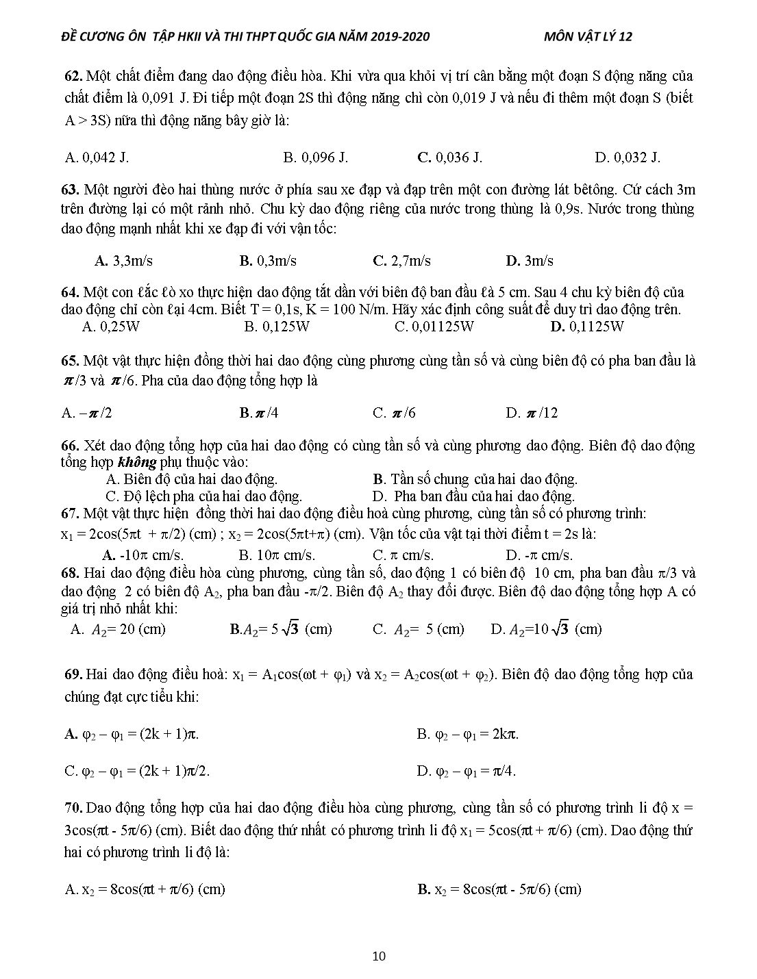 Đề cương ôn tập học kỳ II và thi THPT Quốc gia môn Vật lý Lớp 12 - Năm học 2019-2020 trang 10