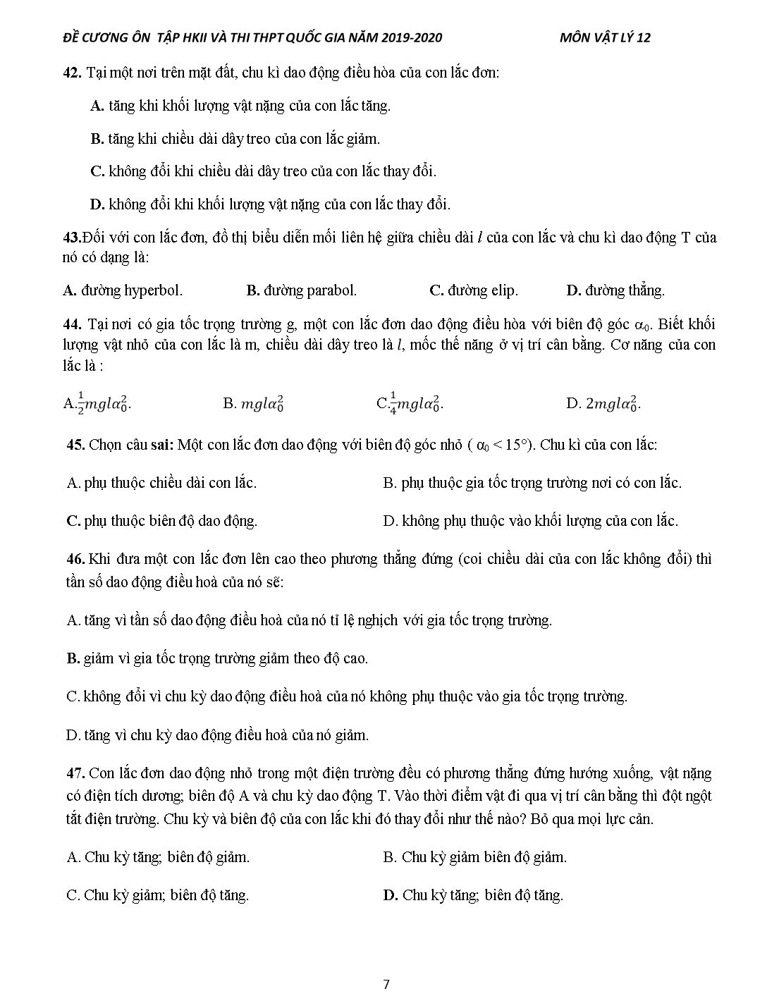 Đề cương ôn tập học kỳ II và thi THPT Quốc gia môn Vật lý Lớp 12 - Năm học 2019-2020 trang 7