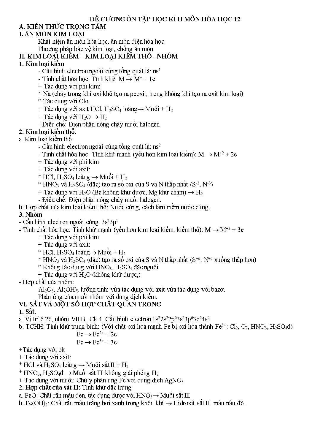 Đề cương ôn tập học kỳ 2 môn Hóa học Lớp 12 - Năm học 2019-2020 trang 1