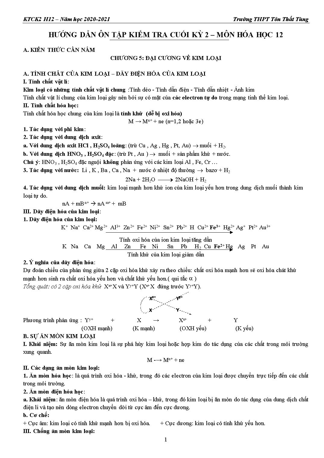 Hướng dẫn ôn tập kiểm tra cuối kỳ 2 môn Hóa học 12 - Năm học 2020-2021 - Trường THPT Tôn Thất Tùng trang 1