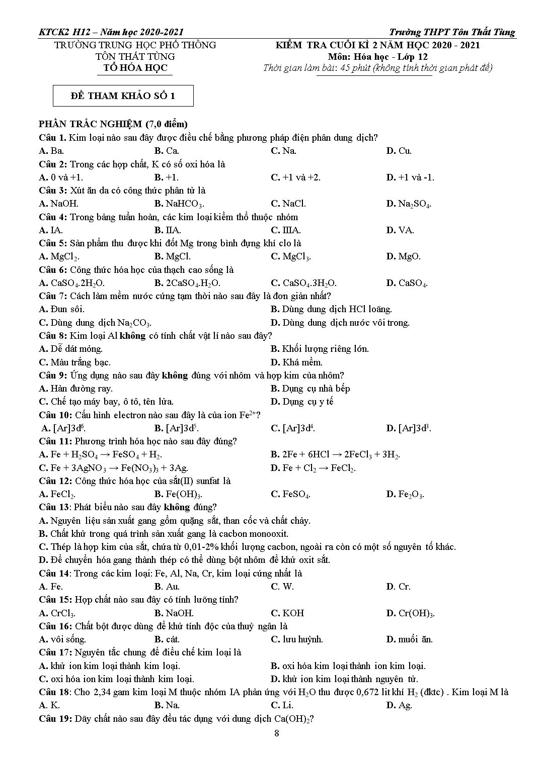 Hướng dẫn ôn tập kiểm tra cuối kỳ 2 môn Hóa học 12 - Năm học 2020-2021 - Trường THPT Tôn Thất Tùng trang 8