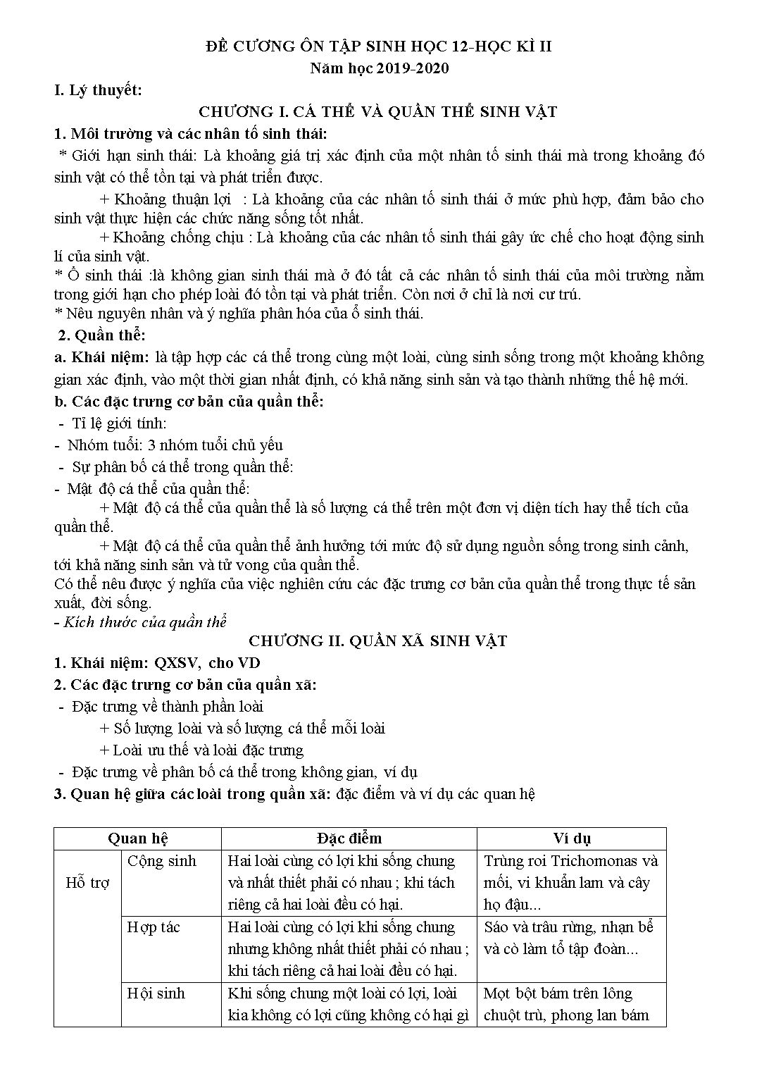 Đề cương ôn tập học kỳ 2 môn Sinh học Lớp 12 - Năm học 2019-2020 trang 1