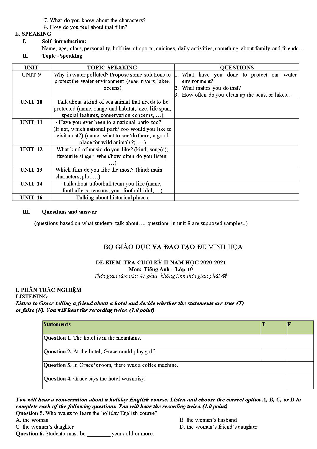 Hướng dẫn ôn tập cuối học kỳ II môn Tiếng Anh Lớp 10 - Năm học 2020-2021 - Trường THPT Tôn Thất Tùng trang 5