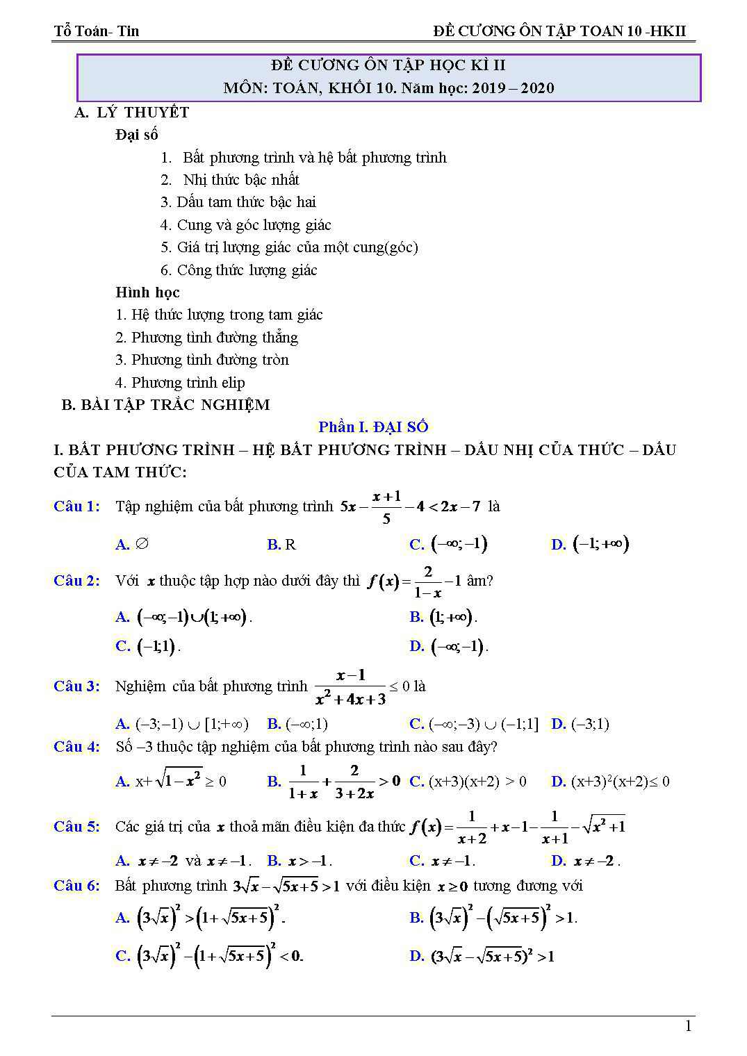 Đề cương ôn tập học kỳ 2 môn Toán Lớp 10 - Năm học 2019-2020 trang 1