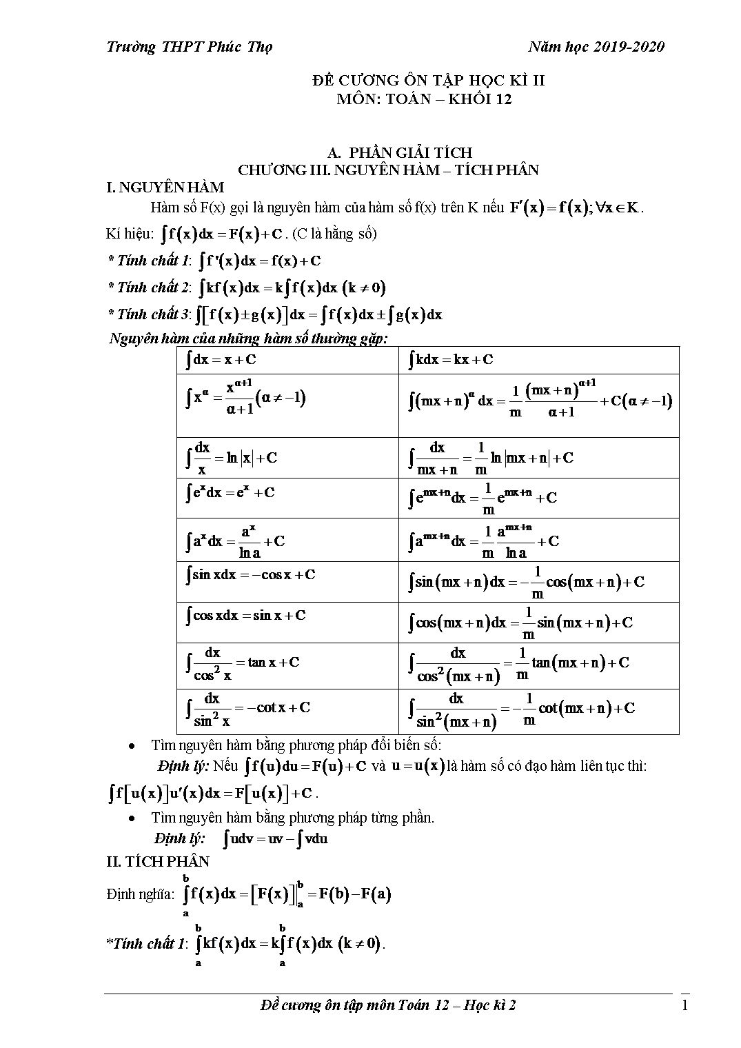 Đề cương ôn tập học kỳ II môn Toán Lớp 12 - Năm học 2019-2020 - Trường THPT Phúc Thọ trang 1