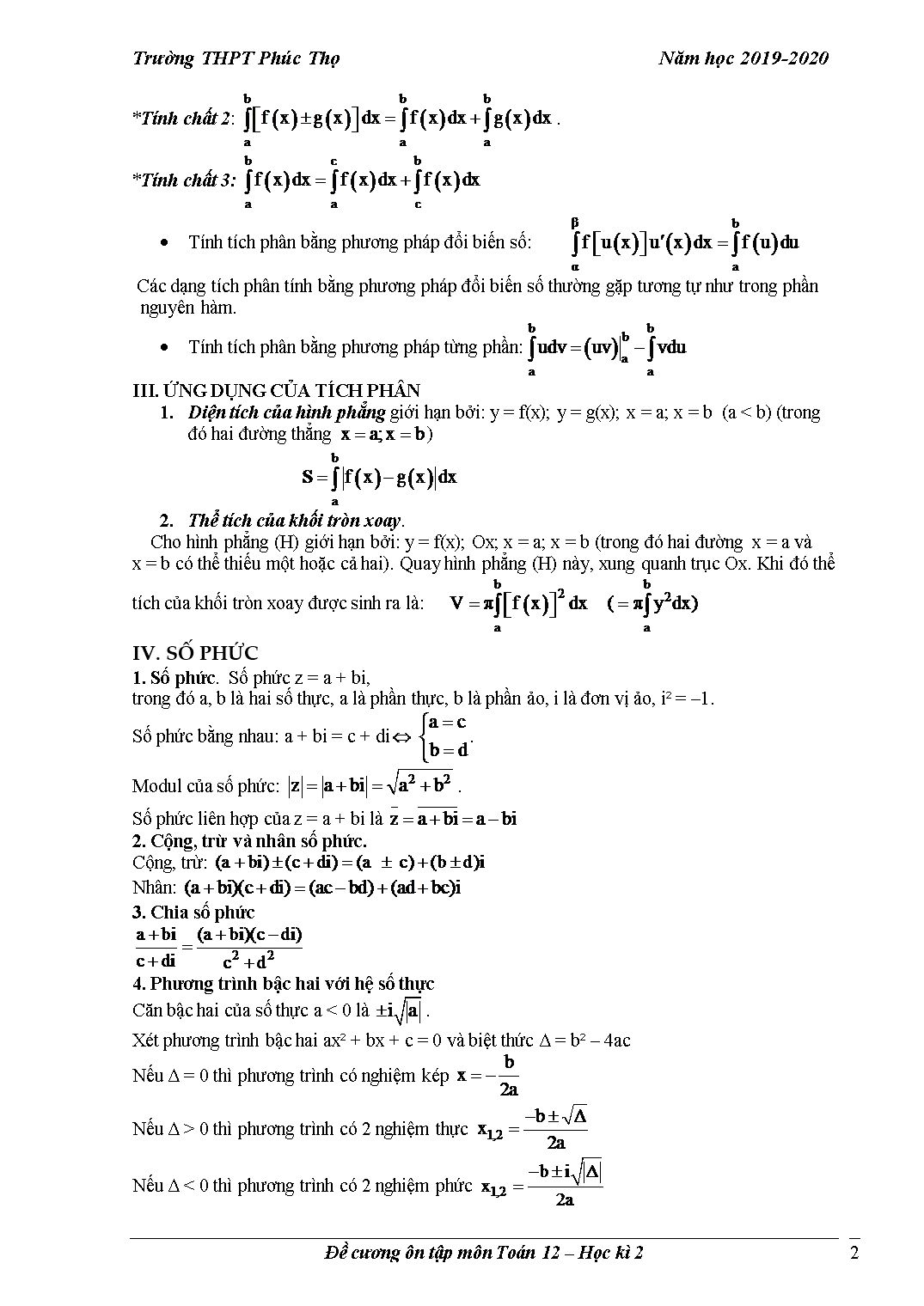Đề cương ôn tập học kỳ II môn Toán Lớp 12 - Năm học 2019-2020 - Trường THPT Phúc Thọ trang 2
