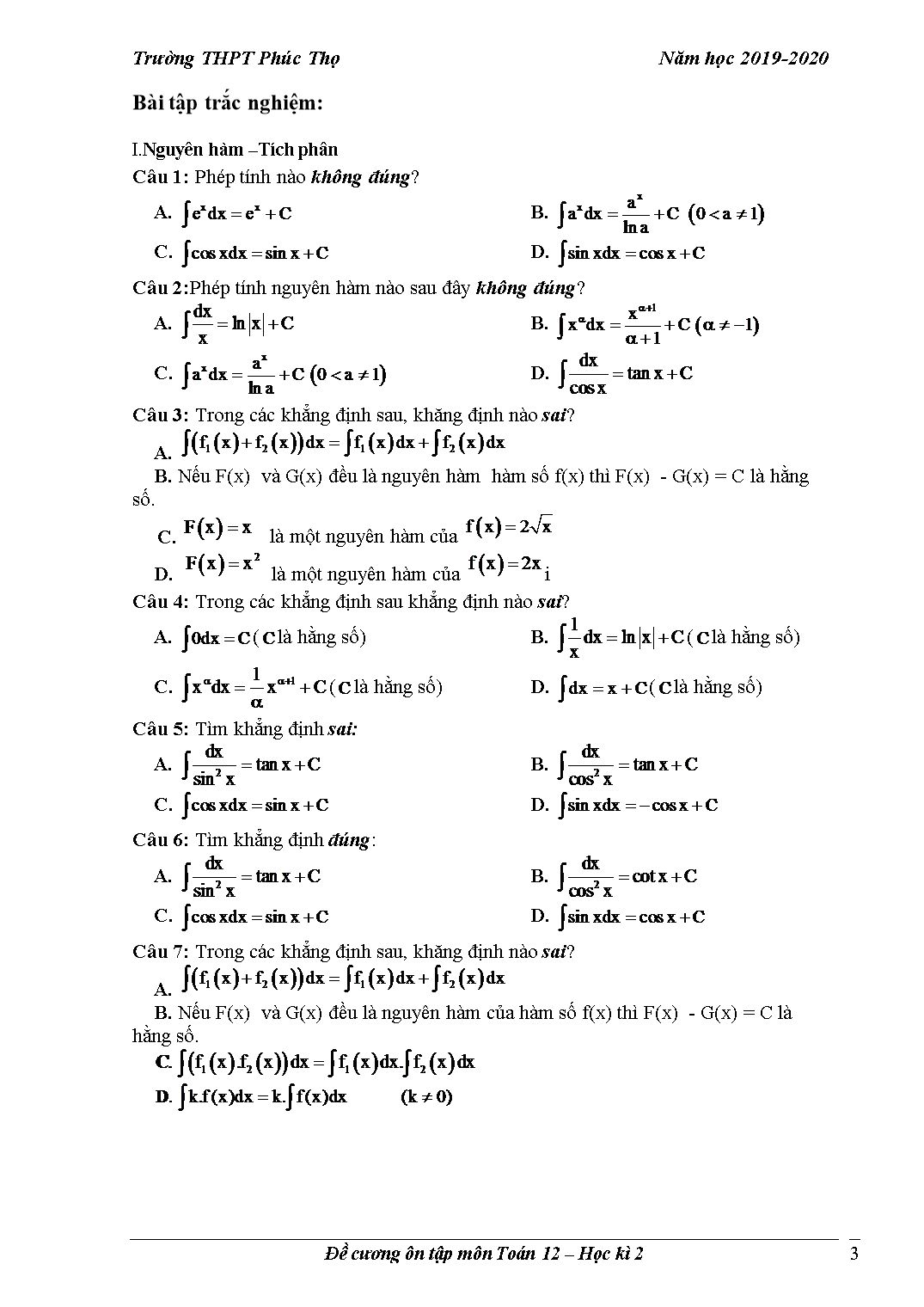 Đề cương ôn tập học kỳ II môn Toán Lớp 12 - Năm học 2019-2020 - Trường THPT Phúc Thọ trang 3