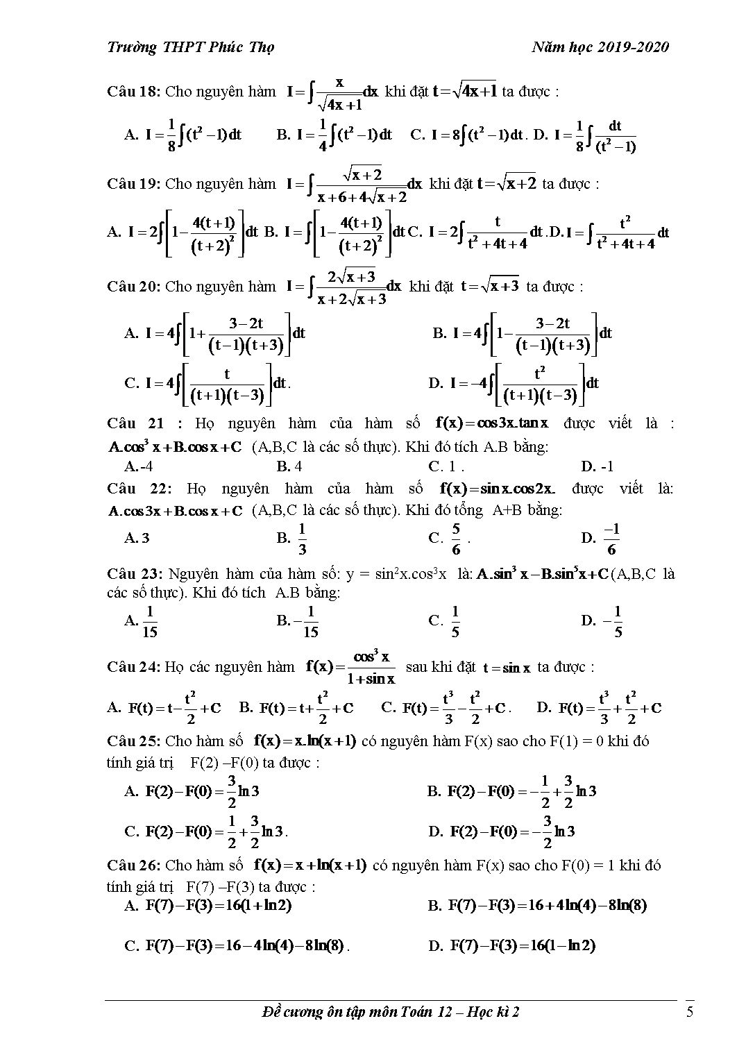 Đề cương ôn tập học kỳ II môn Toán Lớp 12 - Năm học 2019-2020 - Trường THPT Phúc Thọ trang 5